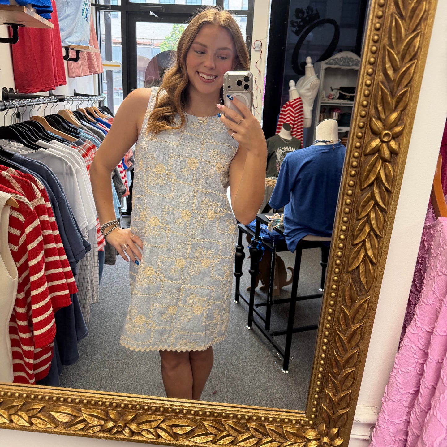 Sleeveless Light Blue Tweed Dress with Scalloped Ric Rac Hem | Queen Bee Boutique