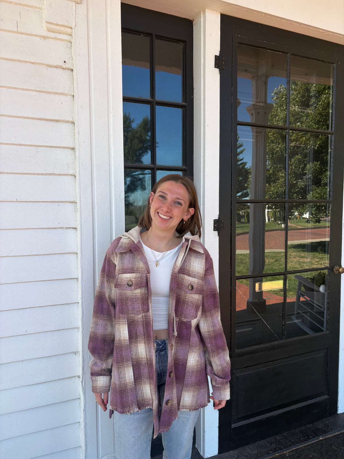 Mauve Plum Tan Cream Hooded Shacket | Queen Bee Boutique