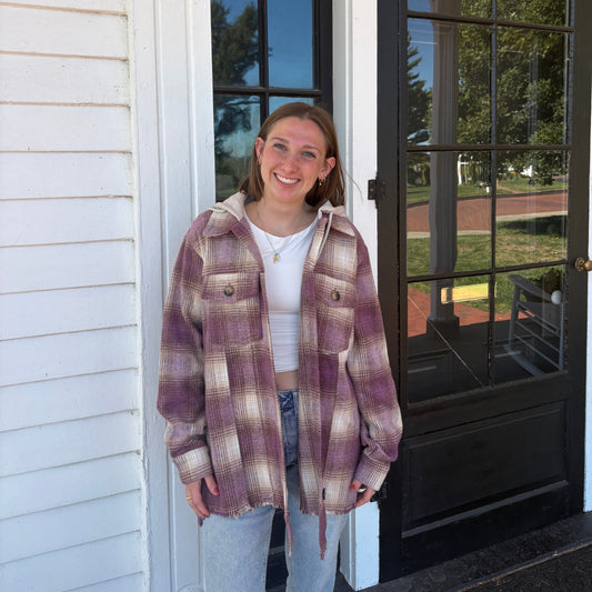 Mauve Plum Tan Cream Hooded Shacket | Queen Bee Boutique