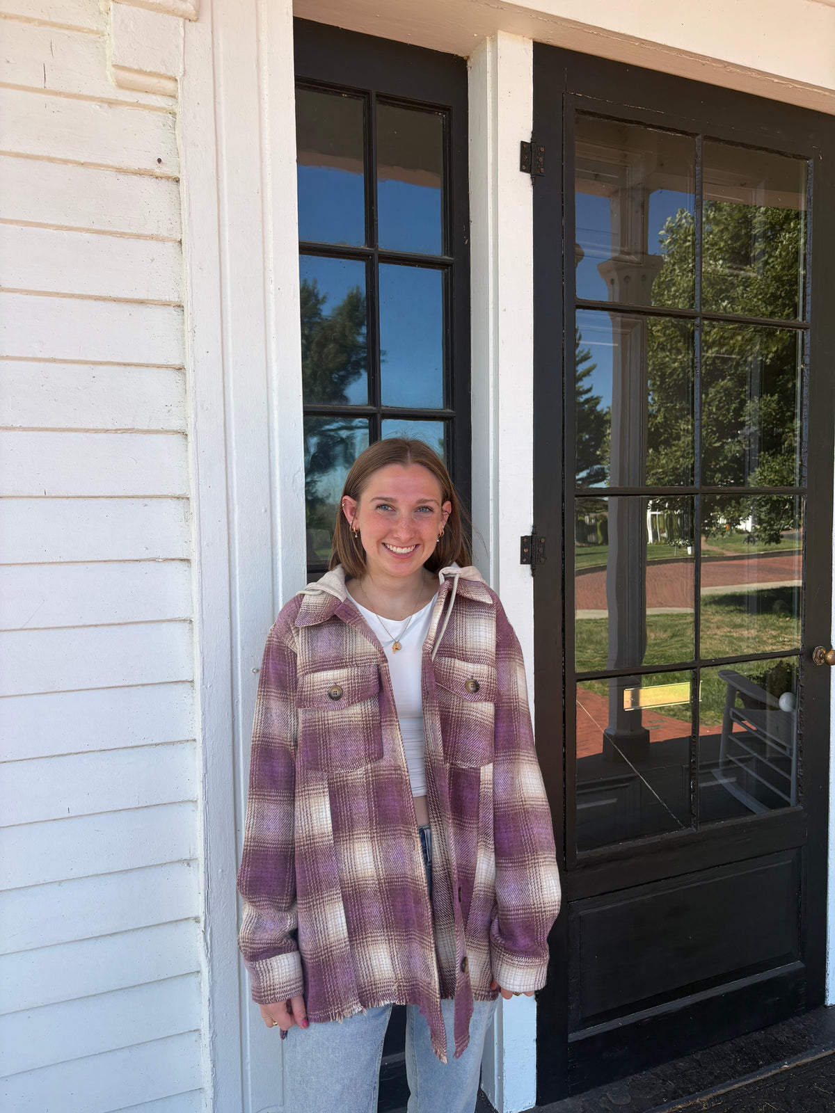 Mauve Plum Tan Cream Hooded Shacket | Queen Bee Boutique