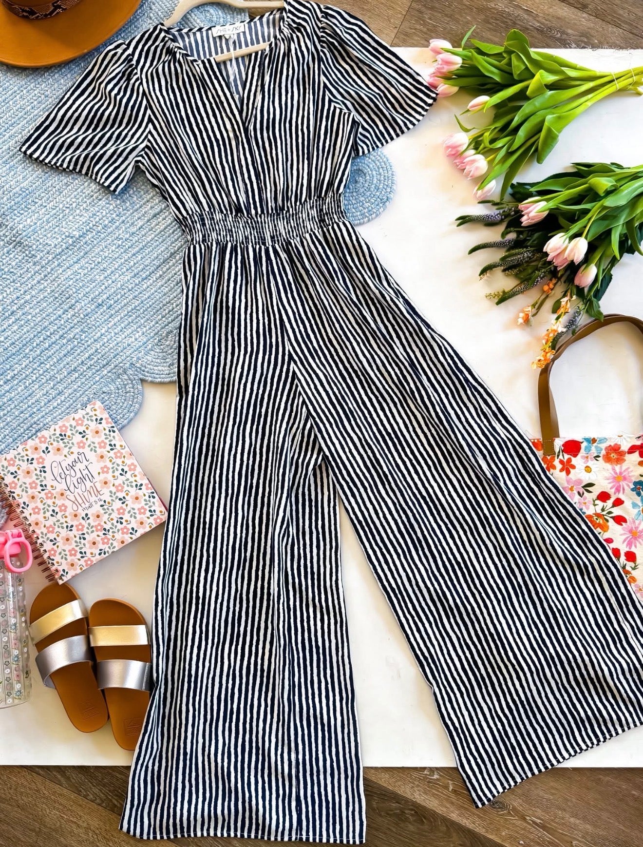 Navy White Lined Jumpsuit Short Sleeve Cinched Waist