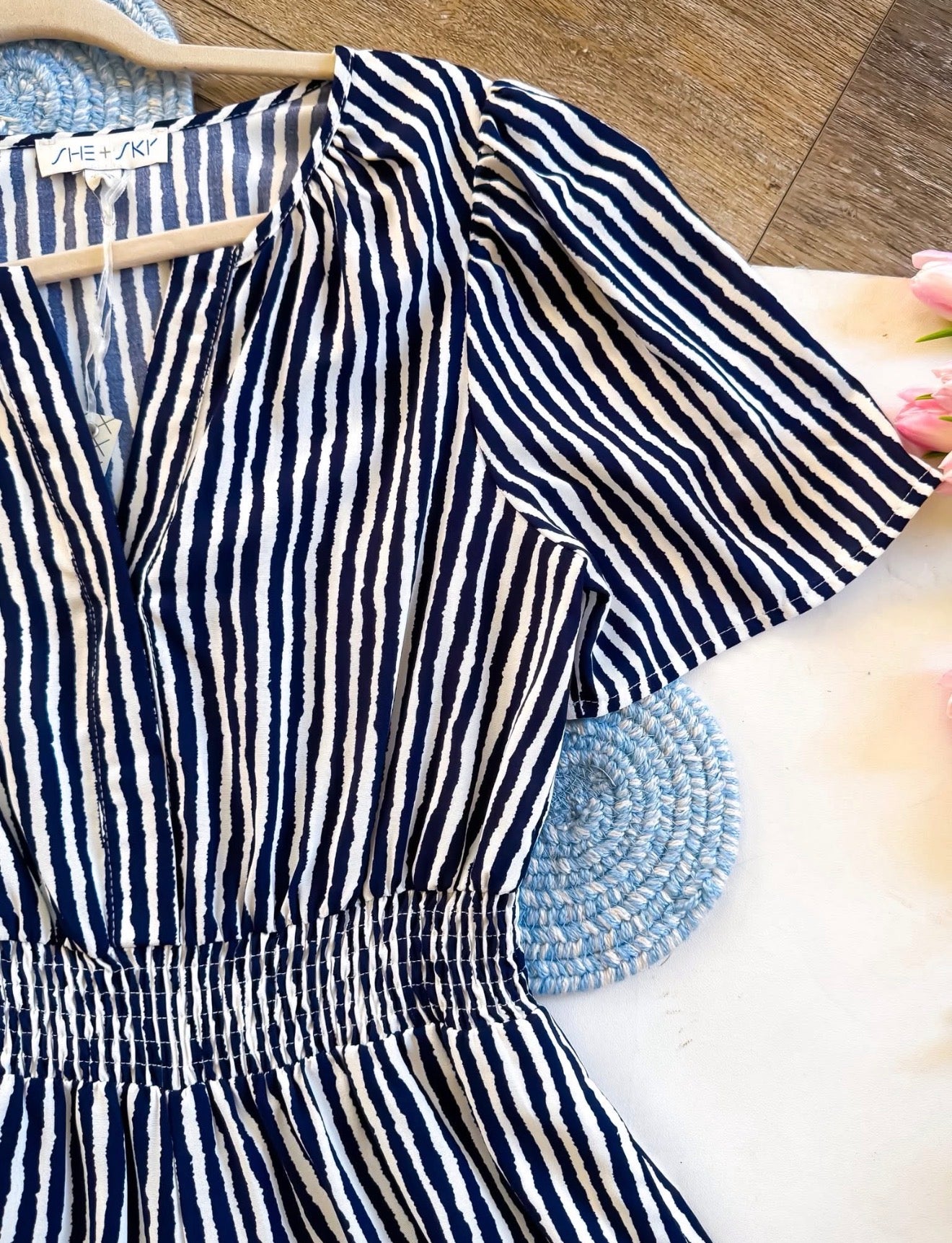 Navy White Lined Jumpsuit Short Sleeve Cinched Waist