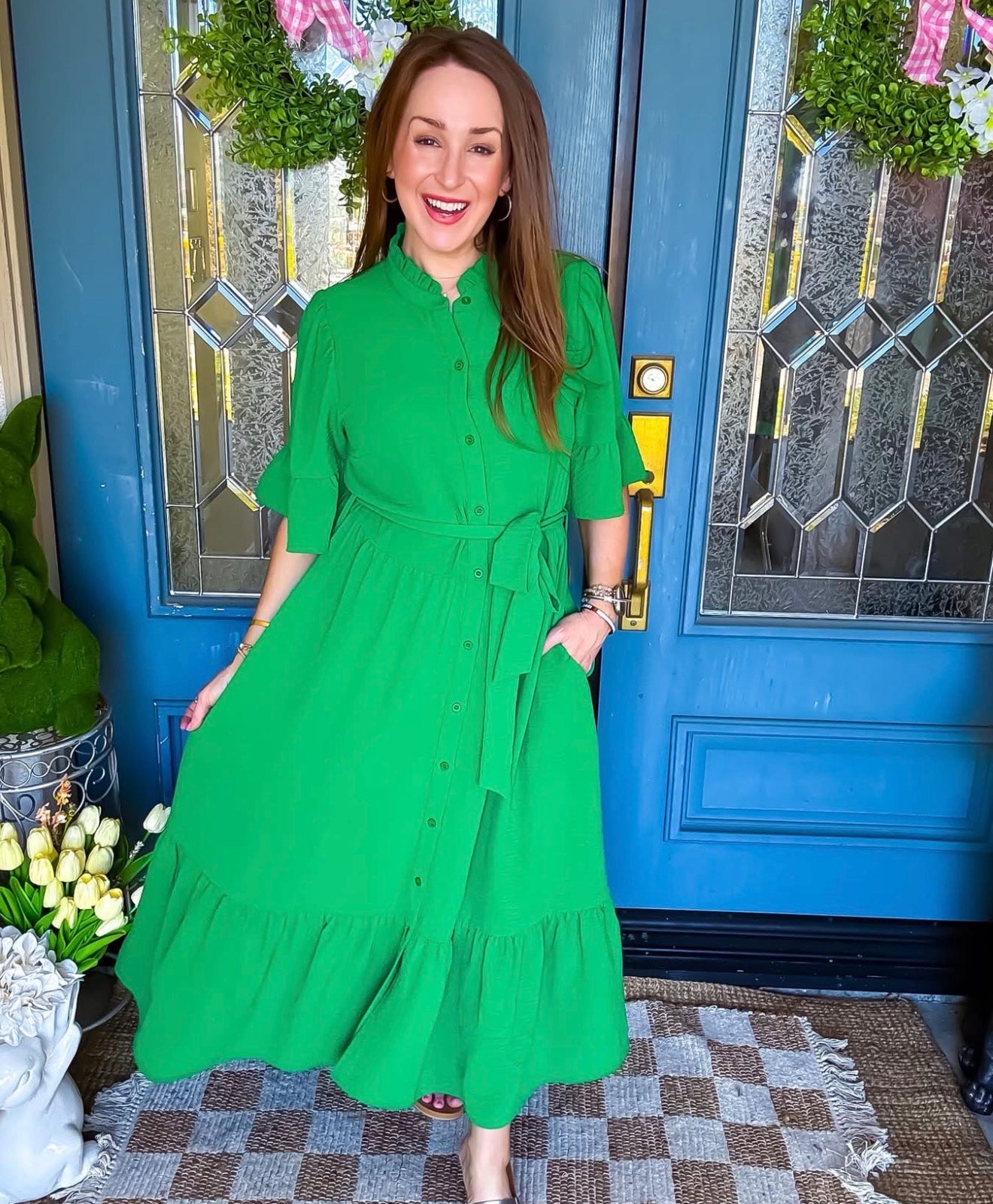 Tiered Kelly Green Belted Dress 1/2 Sleeve Flutter