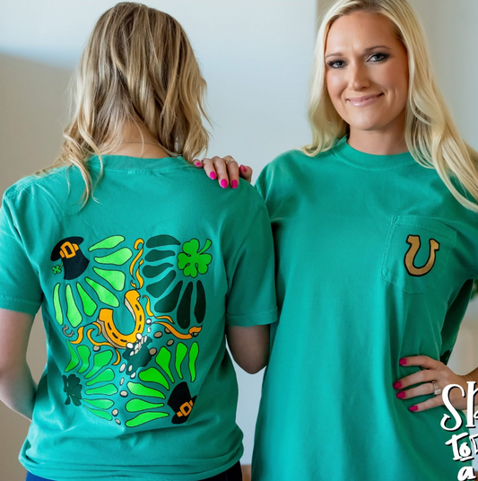 Lucky Collage Tee Horse Shoe Pocket Tee | Queen Bee Boutique