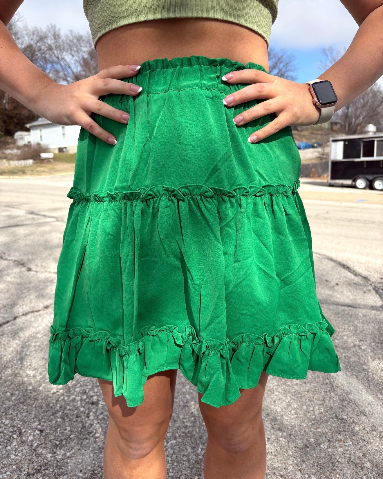 TIERED FLUTTER RUFFLE ELASTIC WAIST SKIRT GREEN BLUE