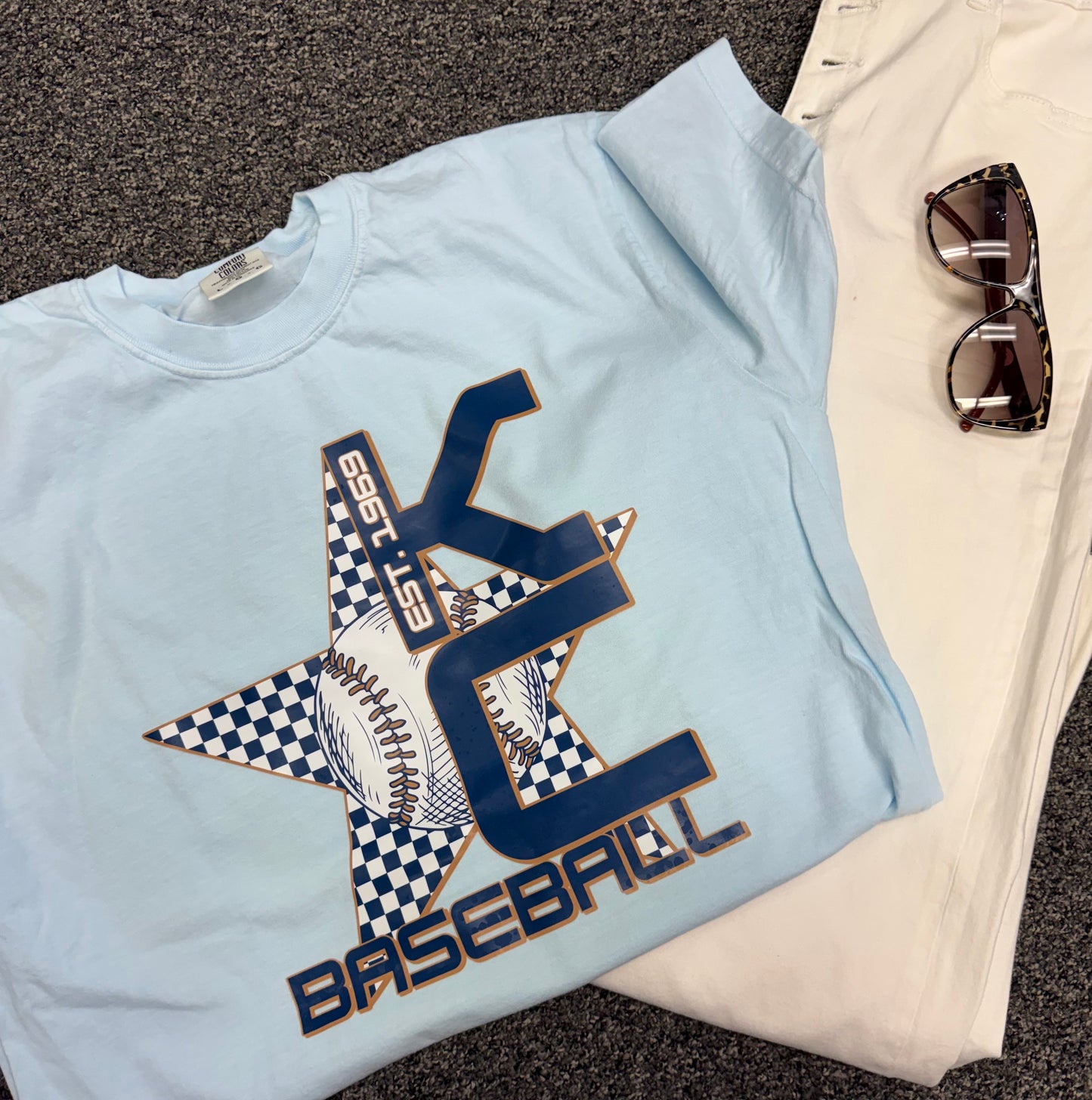 KC Baseball Retro Star Checkered Baby Blue Tee