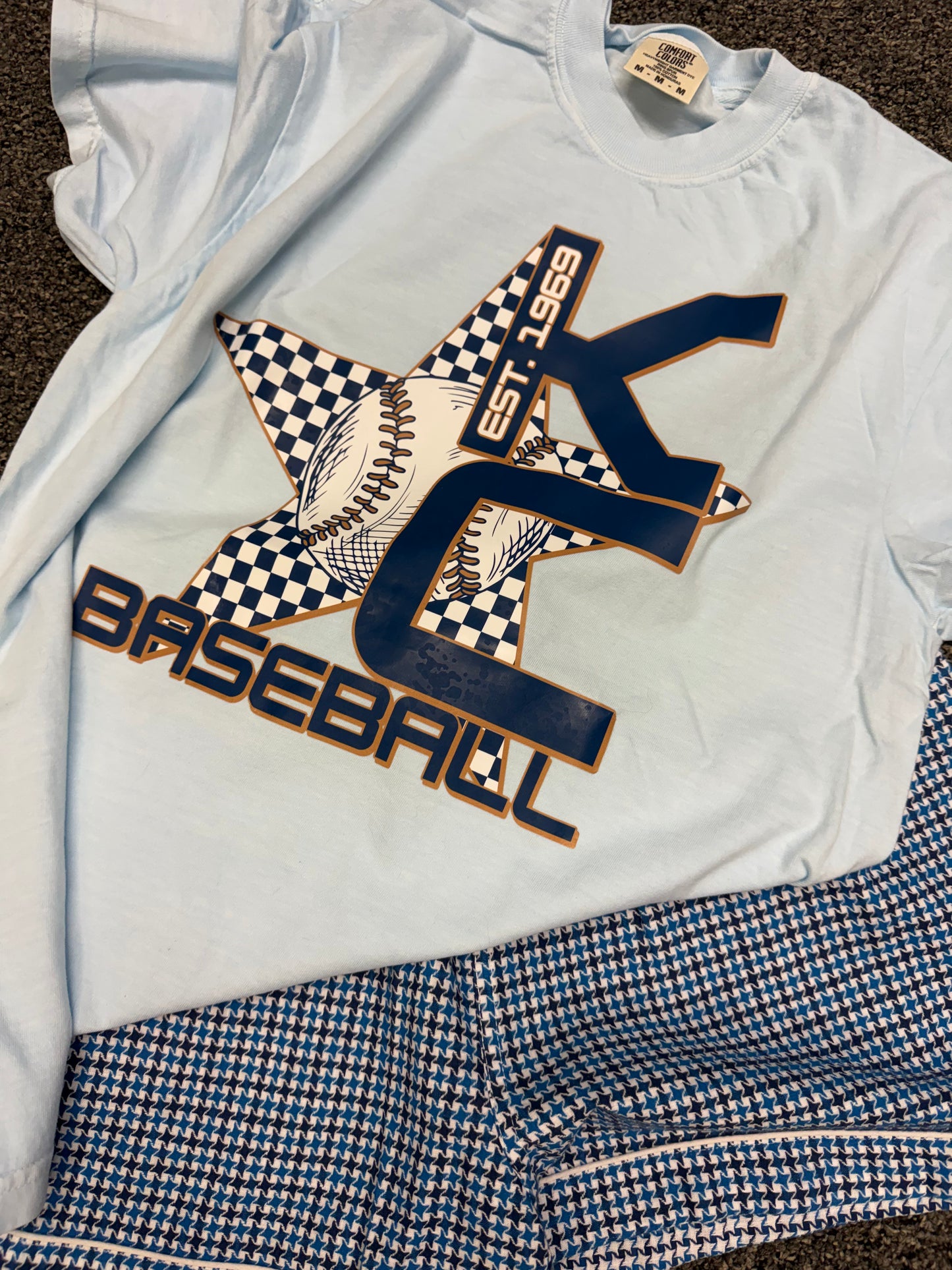 KC Baseball Retro Star Checkered Baby Blue Tee