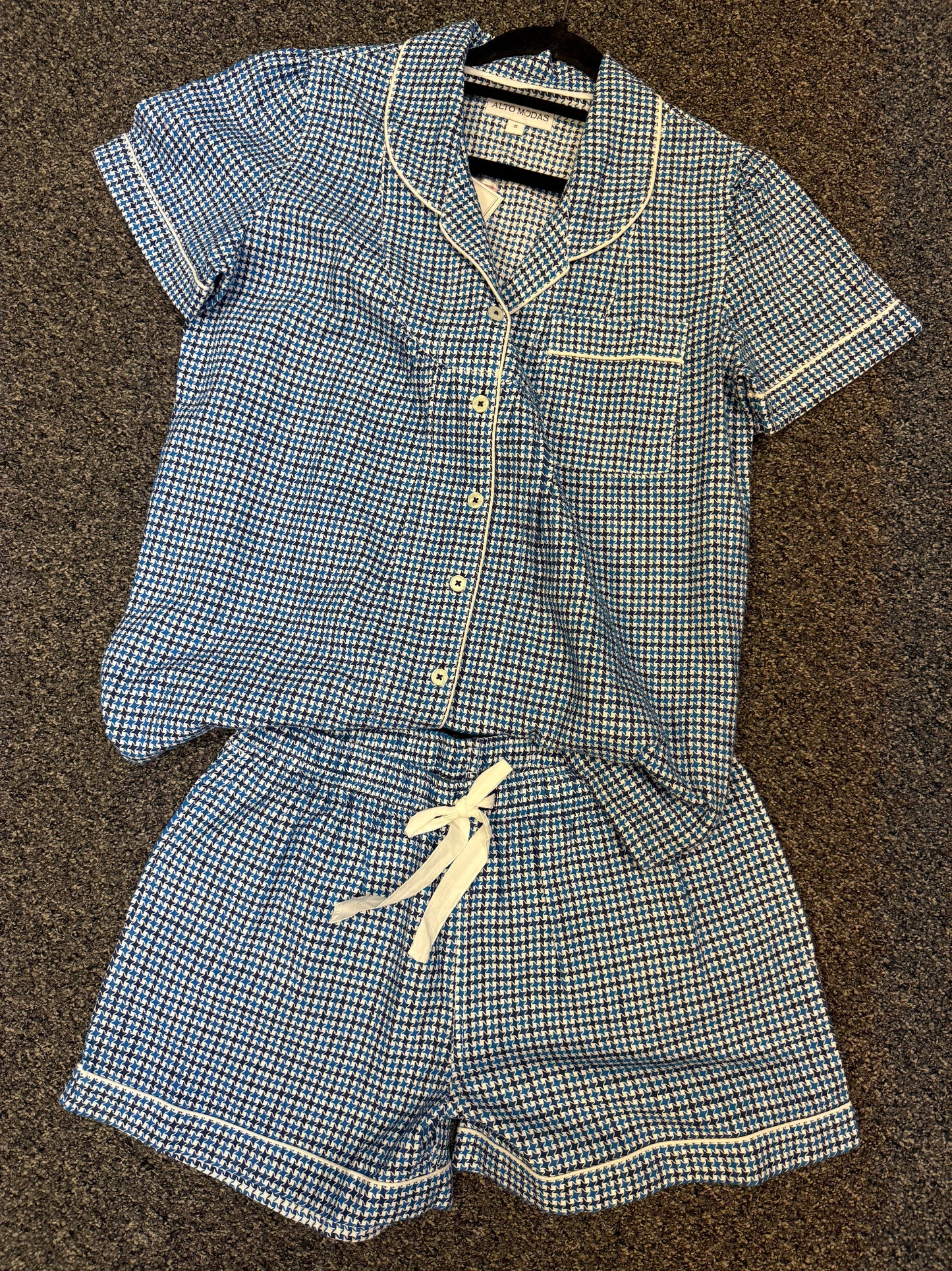 Classic Houndstooth PJ Set – Blue & White Button-Down Top with Tie-Waist Shorts