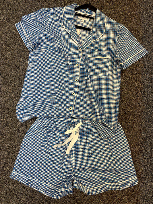 Classic Houndstooth PJ Set – Blue & White Button-Down Top with Tie-Waist Shorts