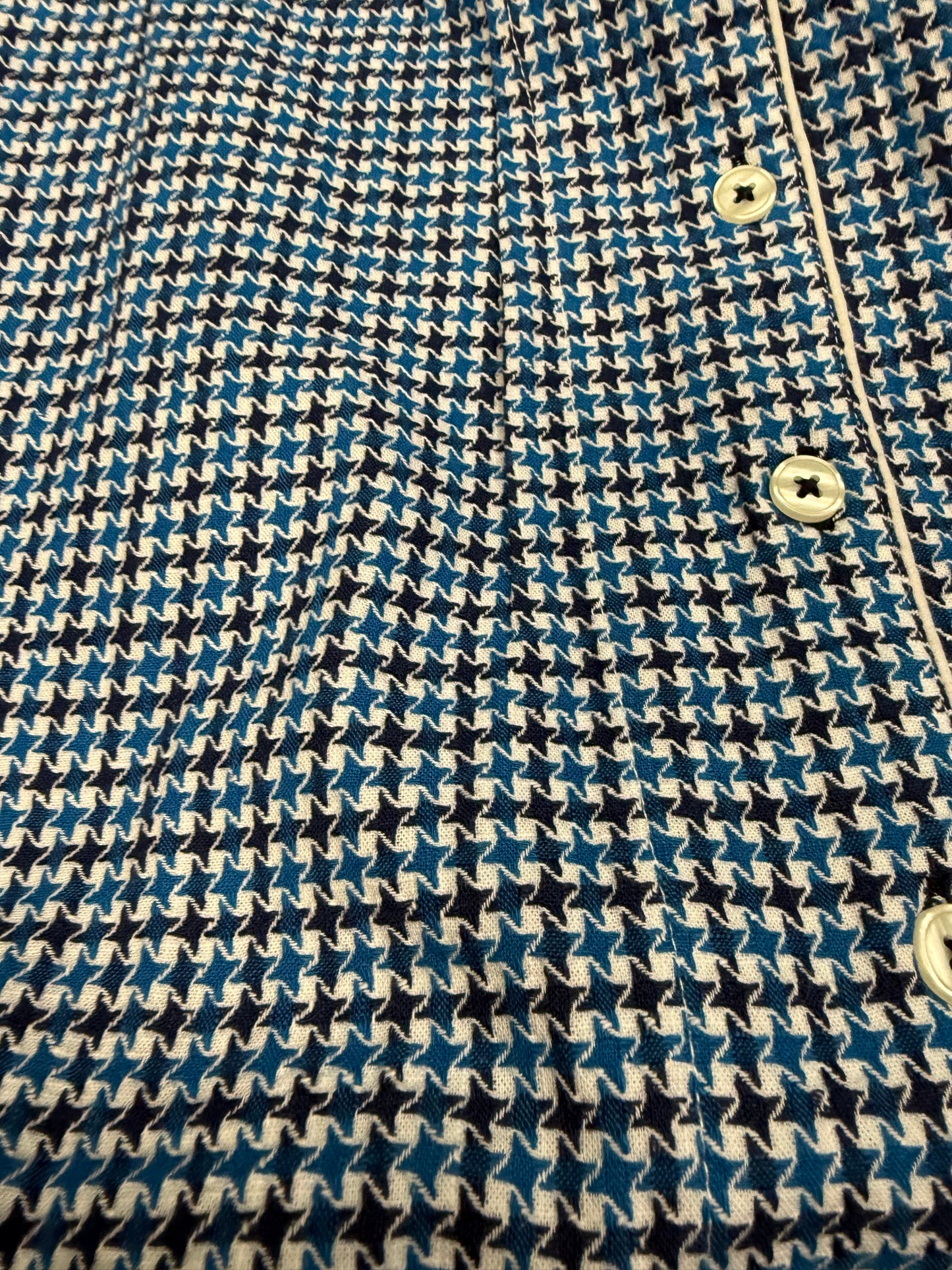 Classic Houndstooth PJ Set – Blue & White Button-Down Top with Tie-Waist Shorts