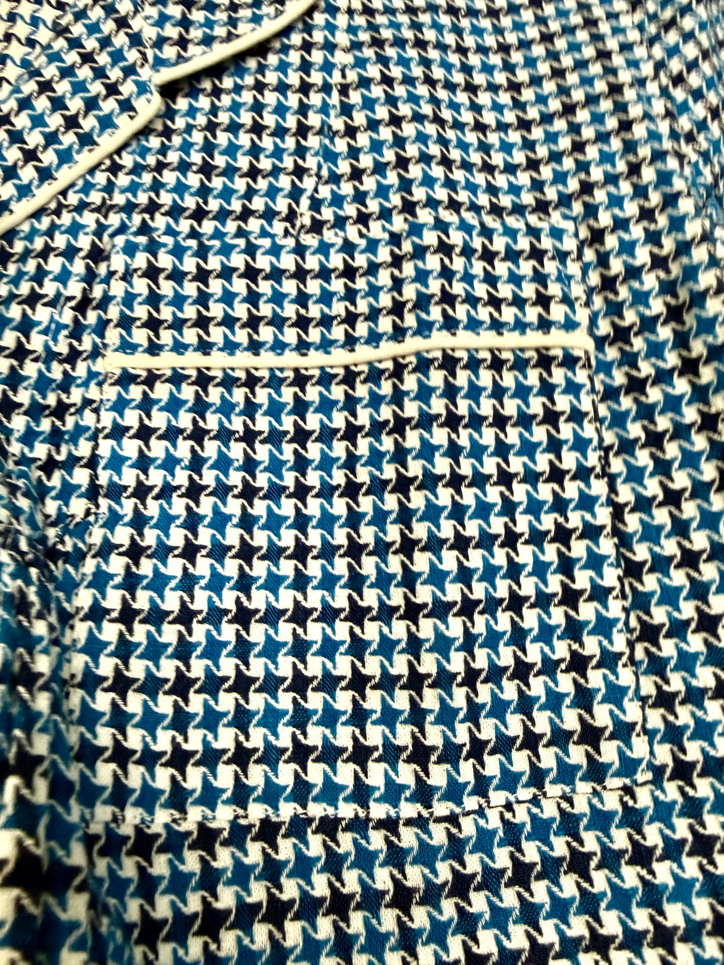 Classic Houndstooth PJ Set – Blue & White Button-Down Top with Tie-Waist Shorts