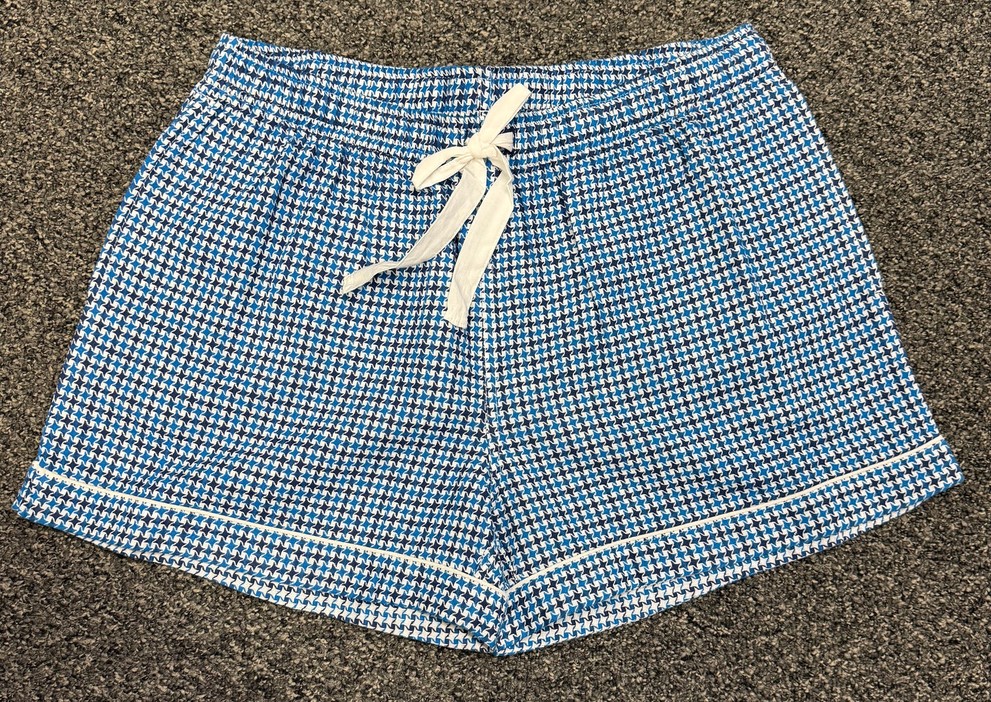 Classic Houndstooth PJ Set – Blue & White Button-Down Top with Tie-Waist Shorts