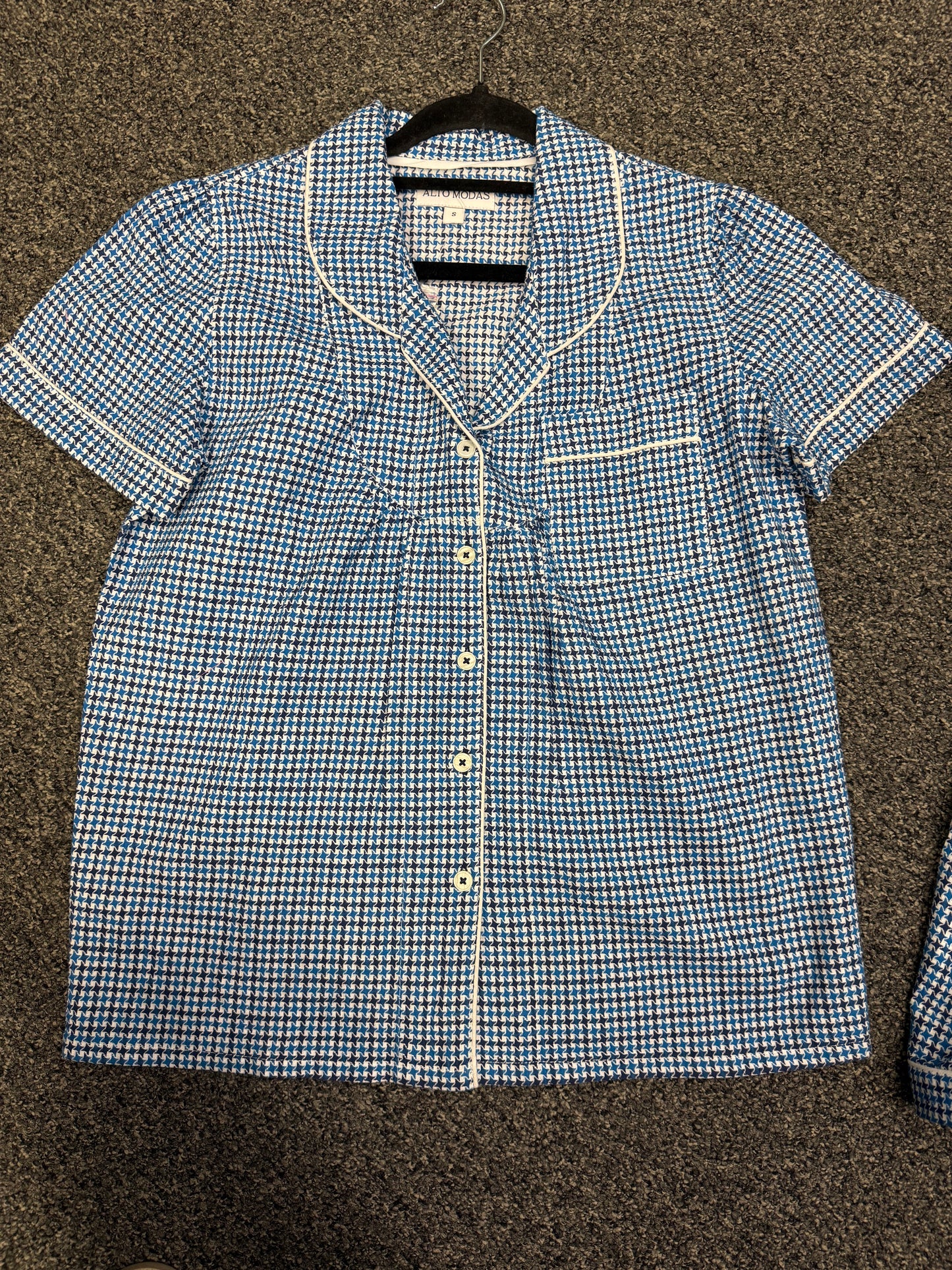 Classic Houndstooth PJ Set – Blue & White Button-Down Top with Tie-Waist Shorts