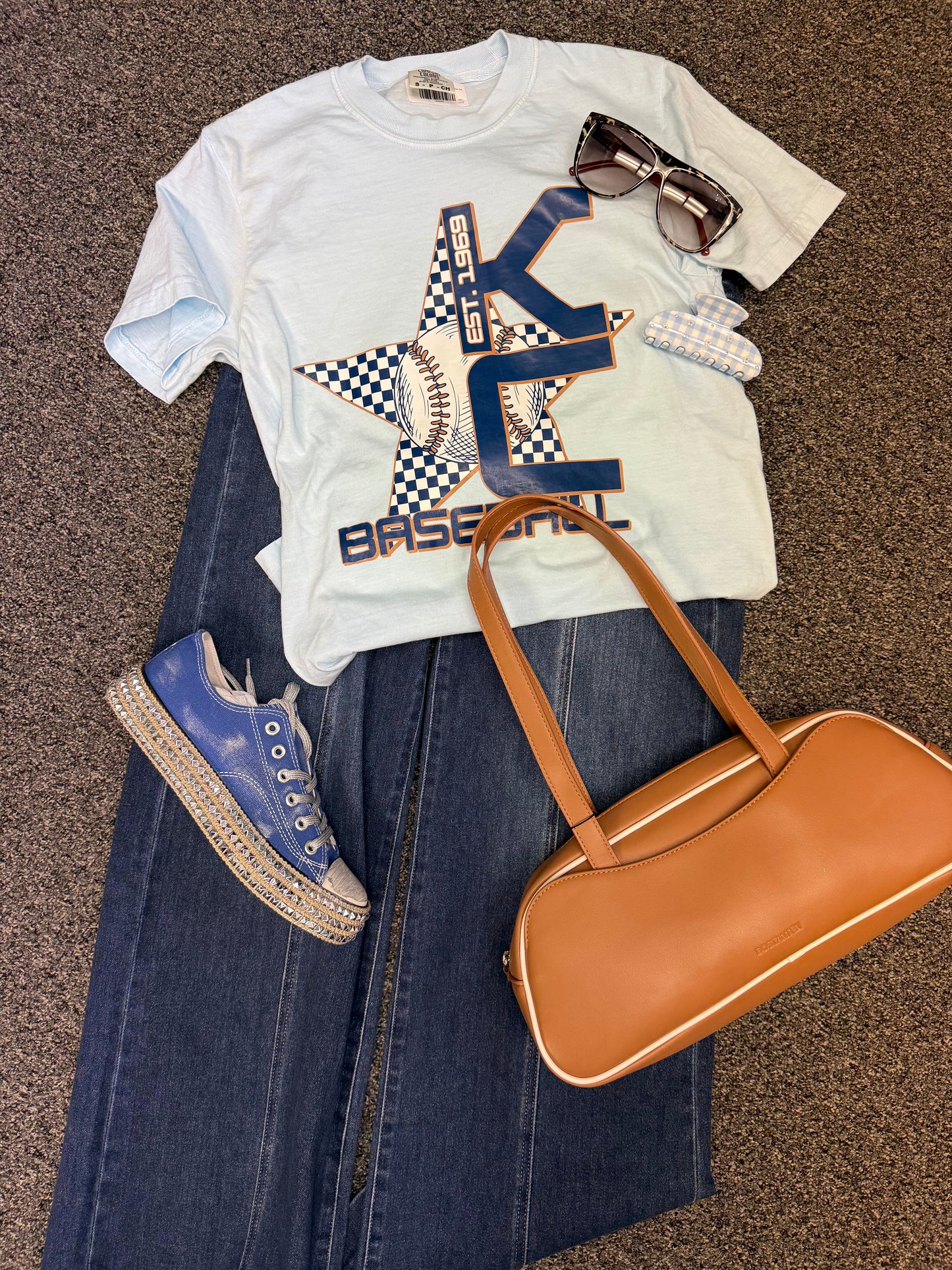 KC Baseball Retro Star Checkered Baby Blue Tee