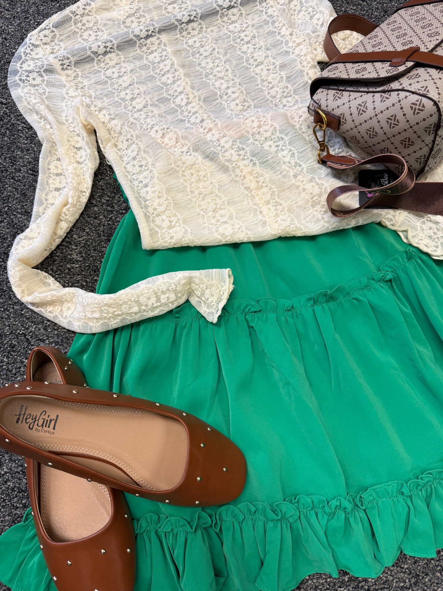 TIERED FLUTTER RUFFLE ELASTIC WAIST SKIRT GREEN BLUE