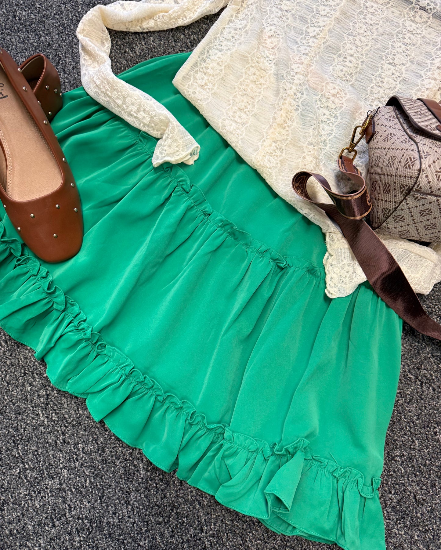 TIERED FLUTTER RUFFLE ELASTIC WAIST SKIRT GREEN BLUE