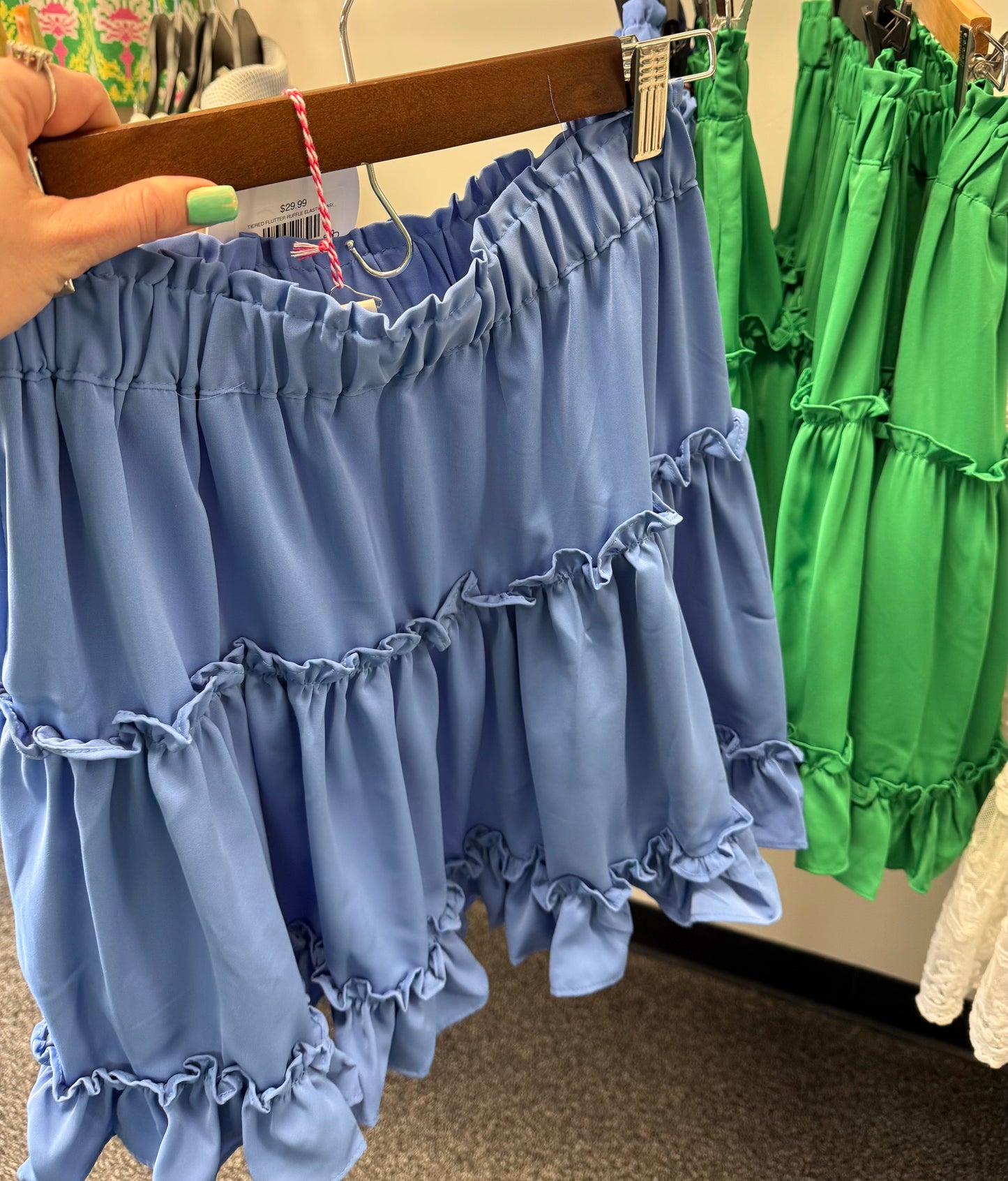 TIERED FLUTTER RUFFLE ELASTIC WAIST SKIRT GREEN BLUE