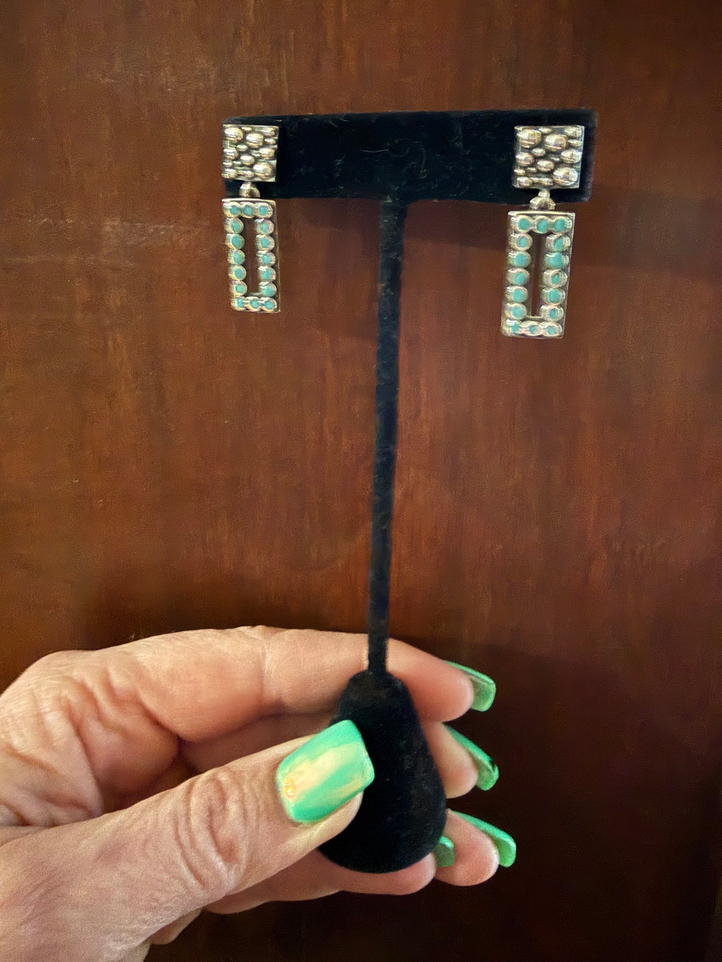 Turquoise Sterling Dot Rectangle Earrings