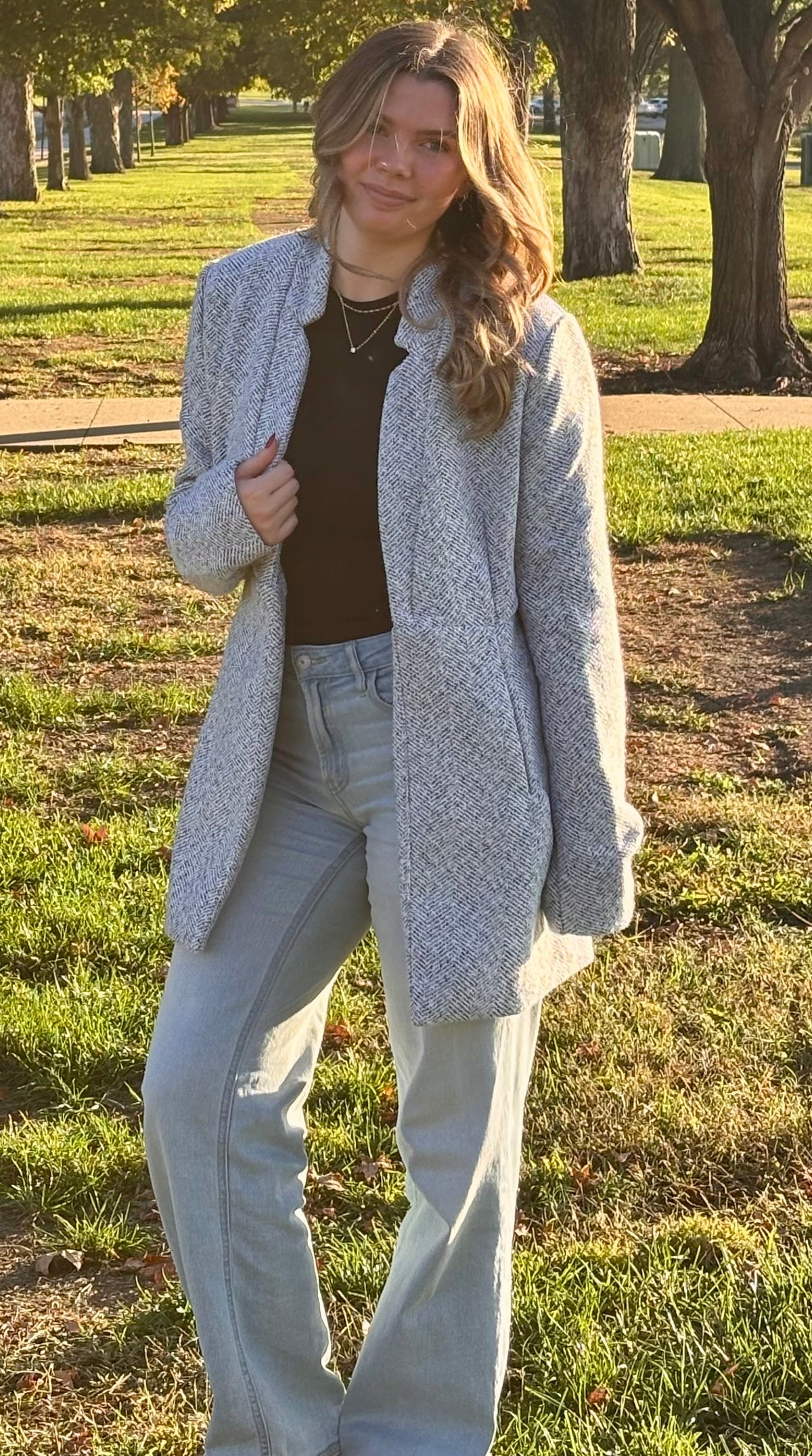 Women's Longline Tailored Jacket – Grey, Black & White