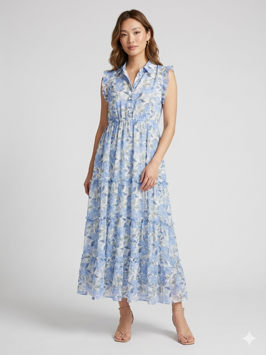 Sleeveless Button V Neck Midi Dress Blue Floral | Queen Bee Boutique