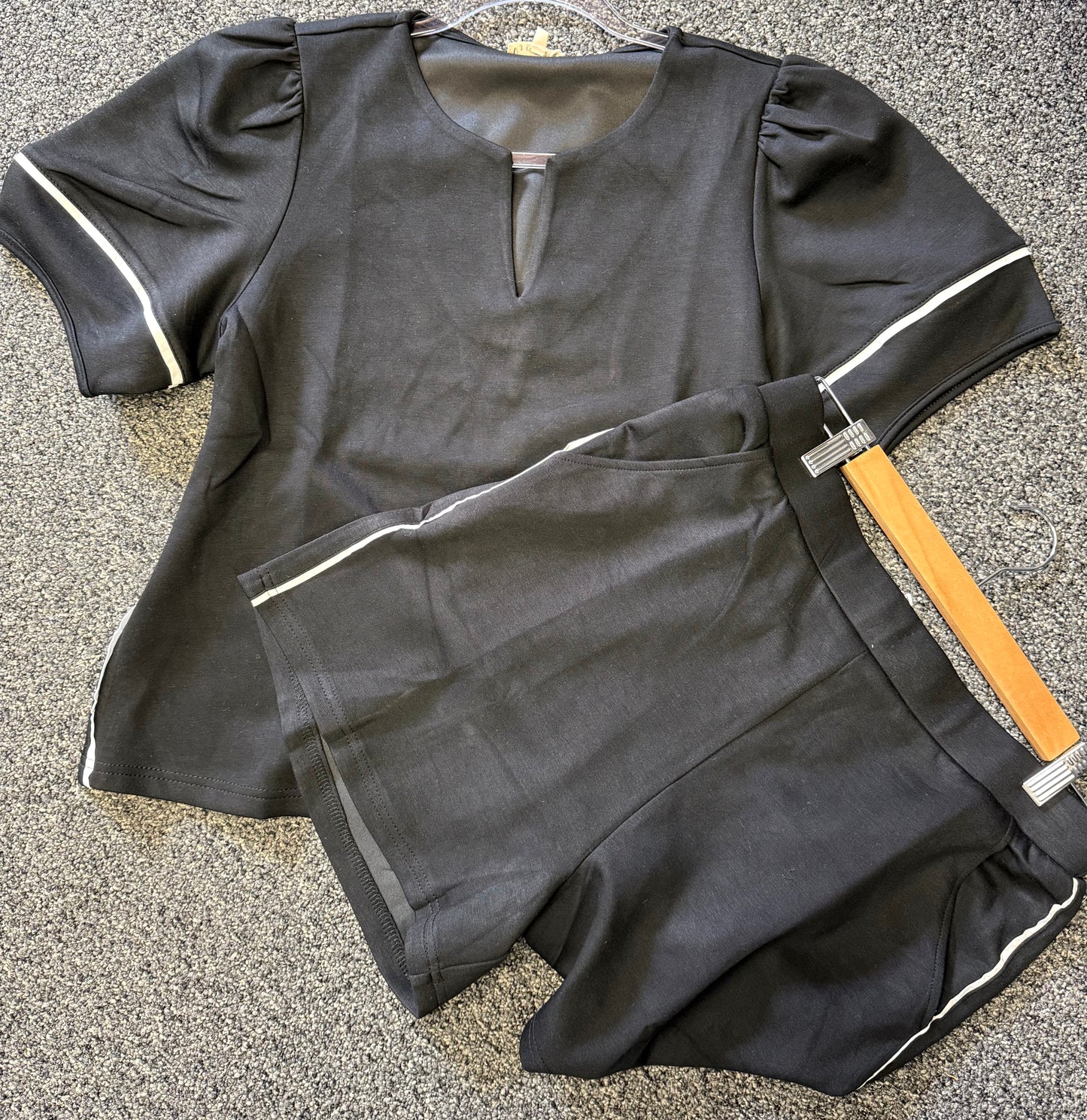 Black Scuba 2-Piece Short Set with White Piping - Athleisure Loungewear