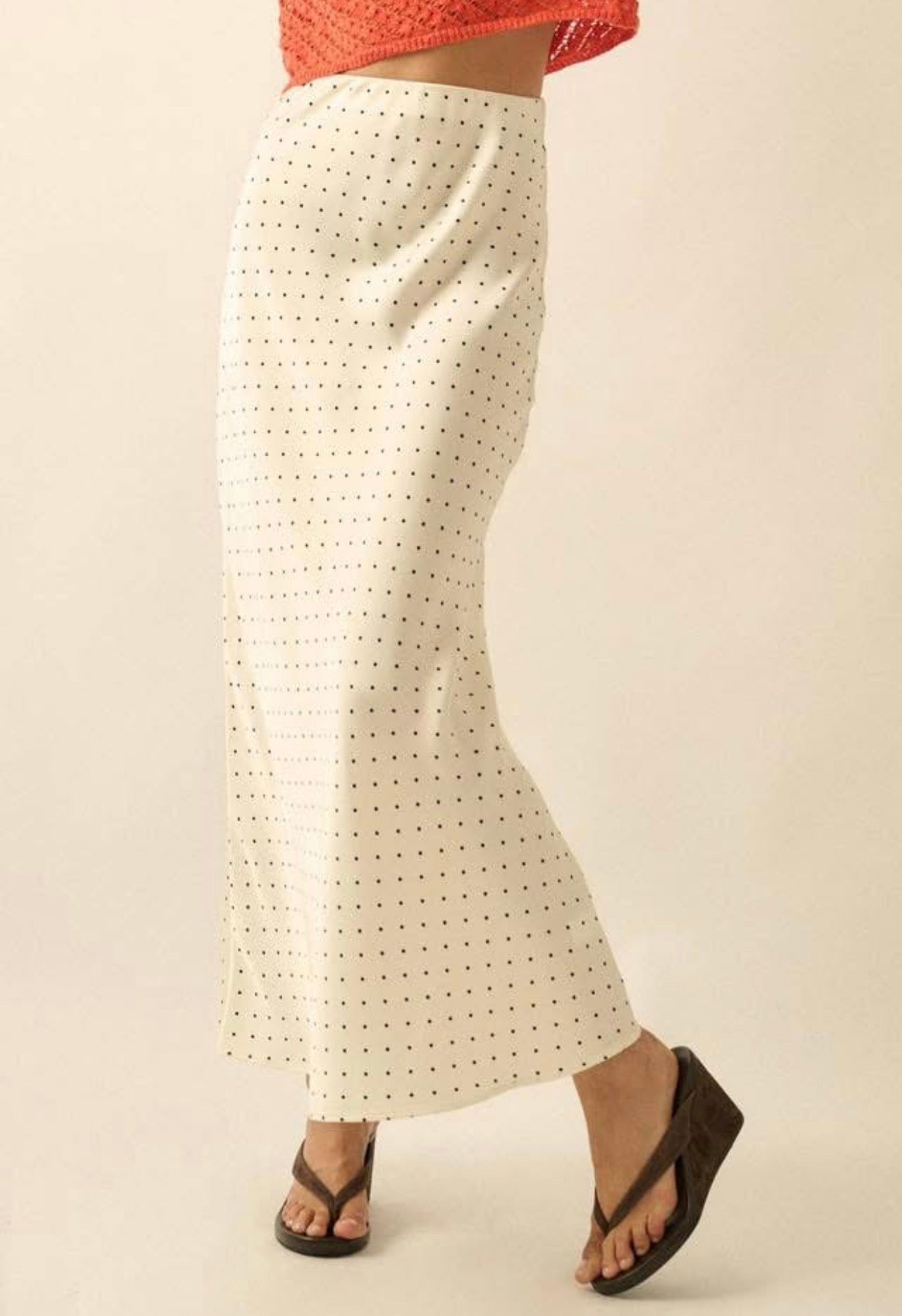 Cream Pencil Polka Dot Skirt Long Length | Queen Bee Boutique