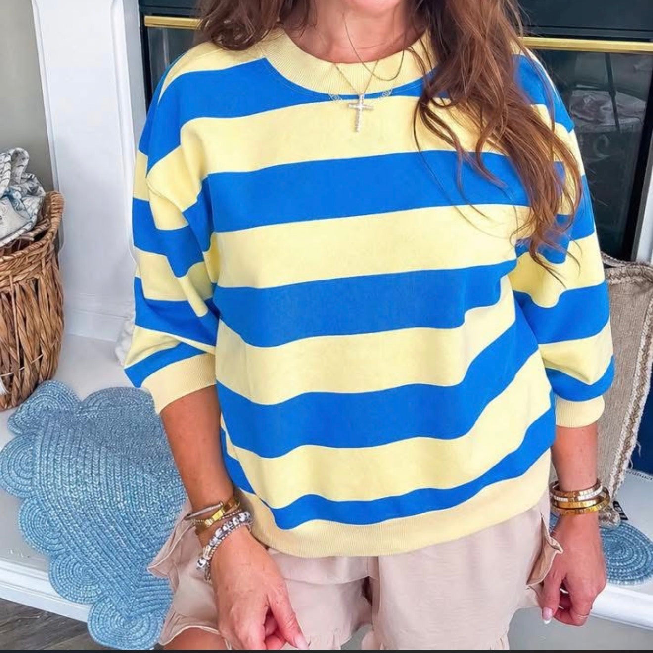 Blue Yellow Stripe Knit Short Sleeve Top | Queen Bee Boutique