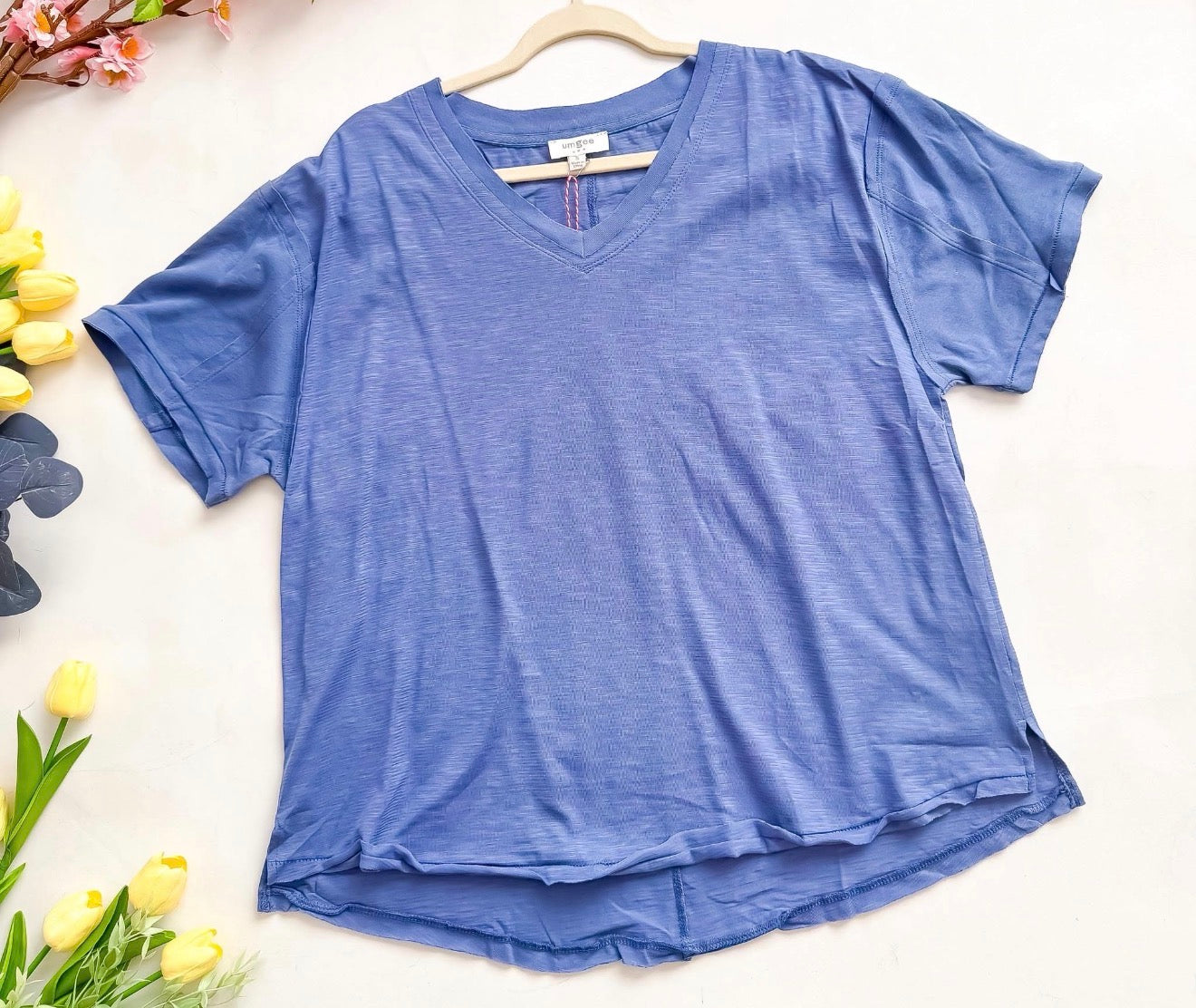 Blue Raw Hem V Neck Everyday Tee | Queen Bee Boutique