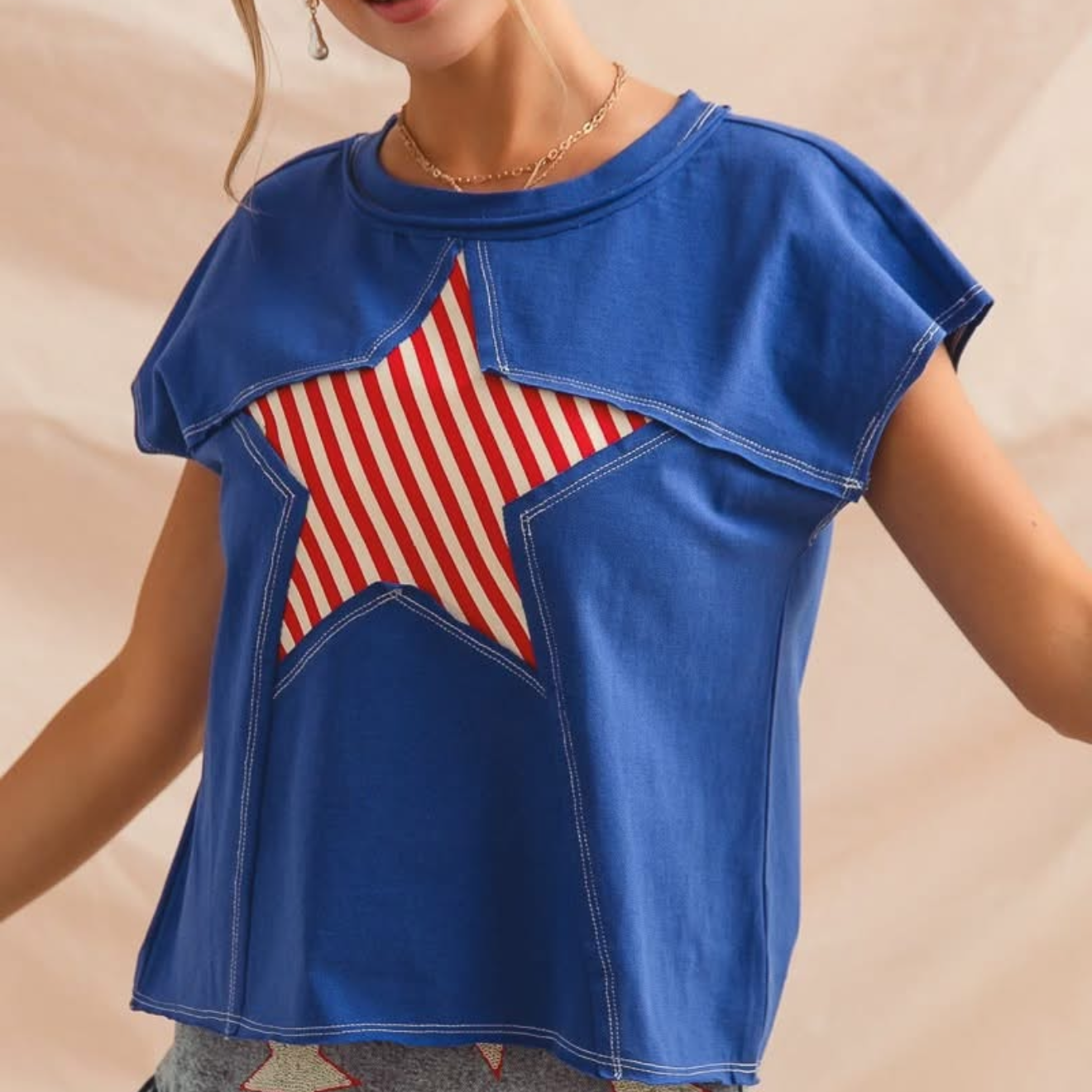 Patriotic Stripe Star Cut-Out Blue Graphic Shirt – 4th of July Western Boho Top