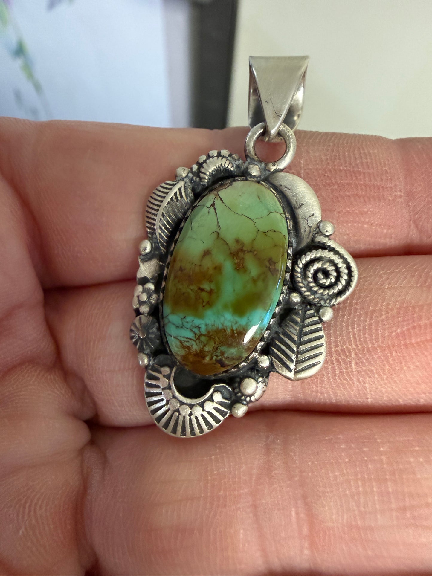 Oval Green Turquoise Stering Artisan Pendant | Queen Bee Boutique