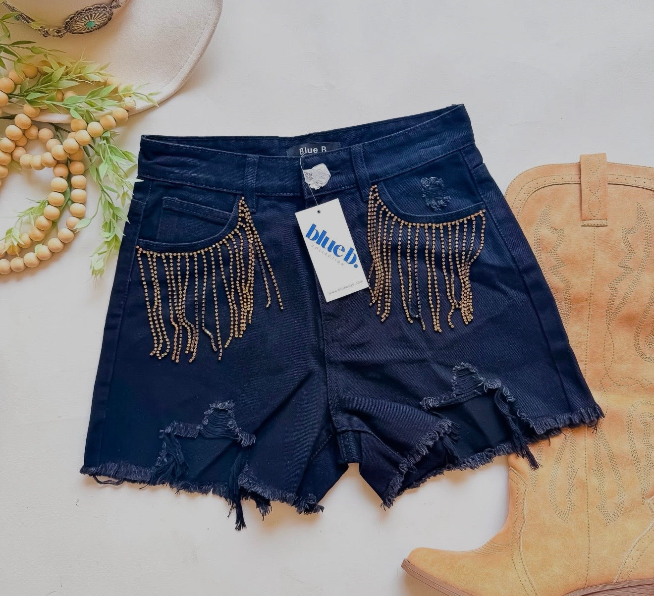 Distressed Concert Western Rhinestone Fringe Shorts | Queen Bee Boutique
