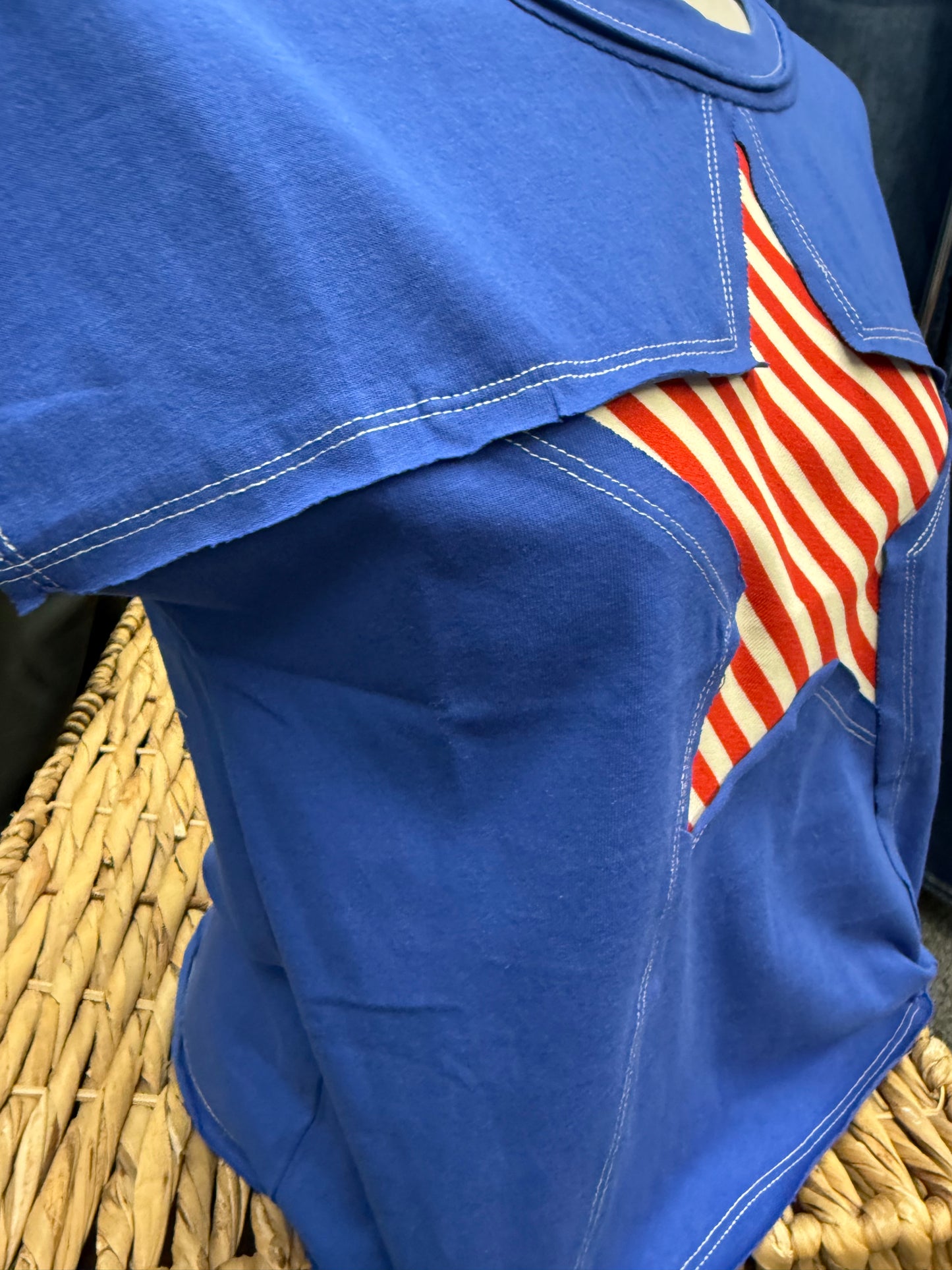 Patriotic Stripe Star Cut-Out Blue Graphic Shirt – 4th of July Western Boho Top