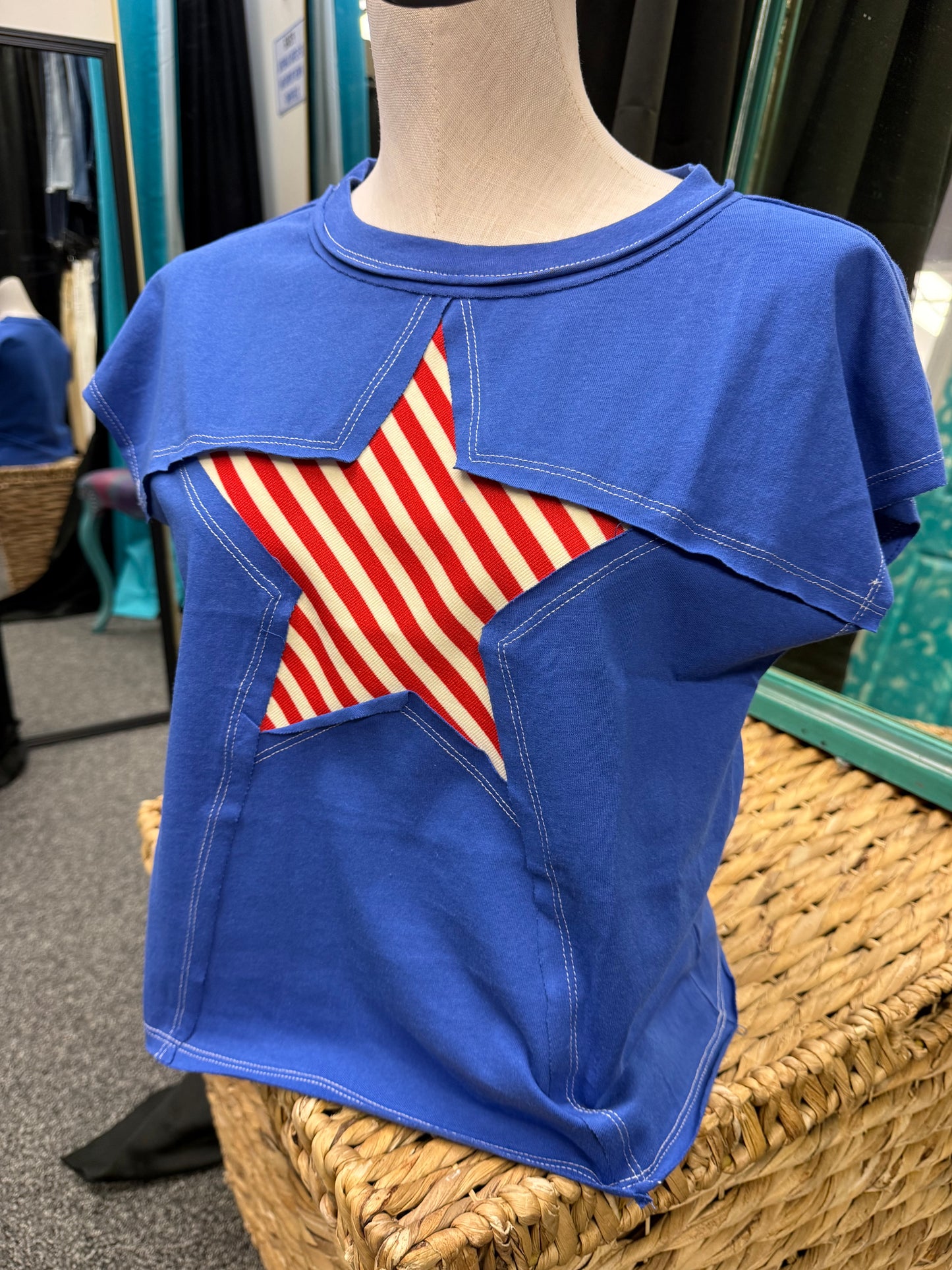 Patriotic Stripe Star Cut-Out Blue Graphic Shirt – 4th of July Western Boho Top
