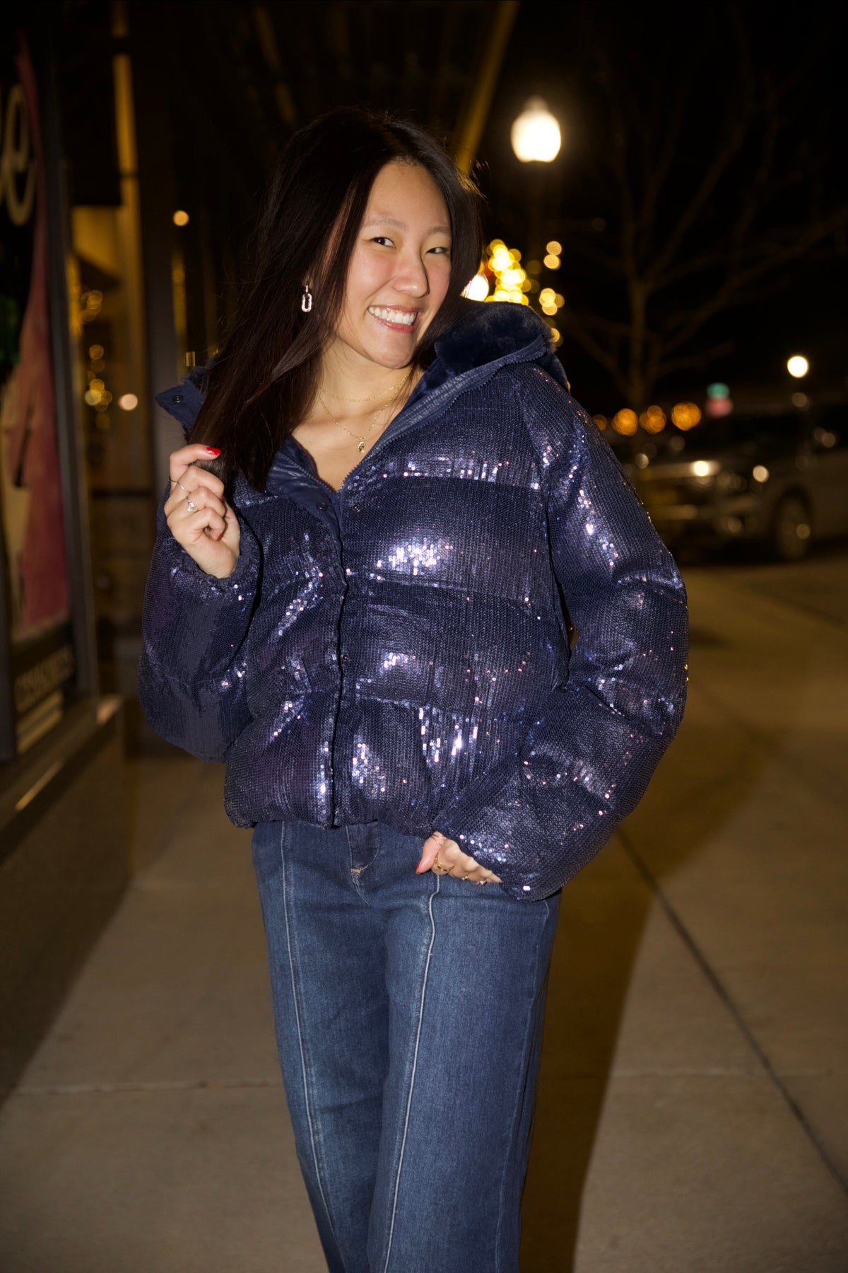 Sequin Puffer Quilted Fur Hooded Zip Up Coat