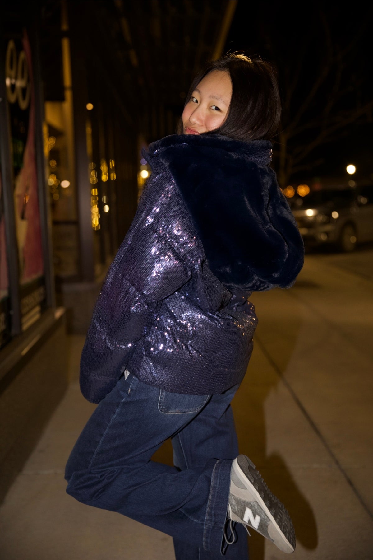 Sequin Puffer Quilted Fur Hooded Zip Up Coat