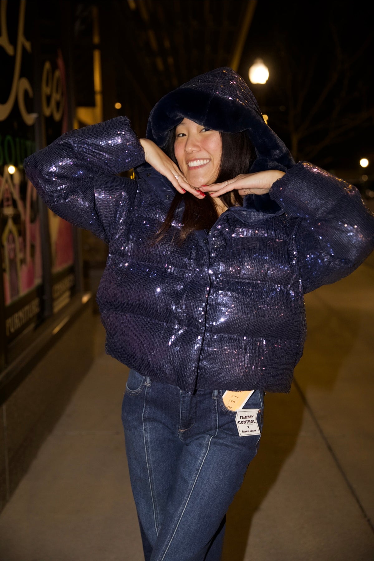 Sequin Puffer Quilted Fur Hooded Zip Up Coat