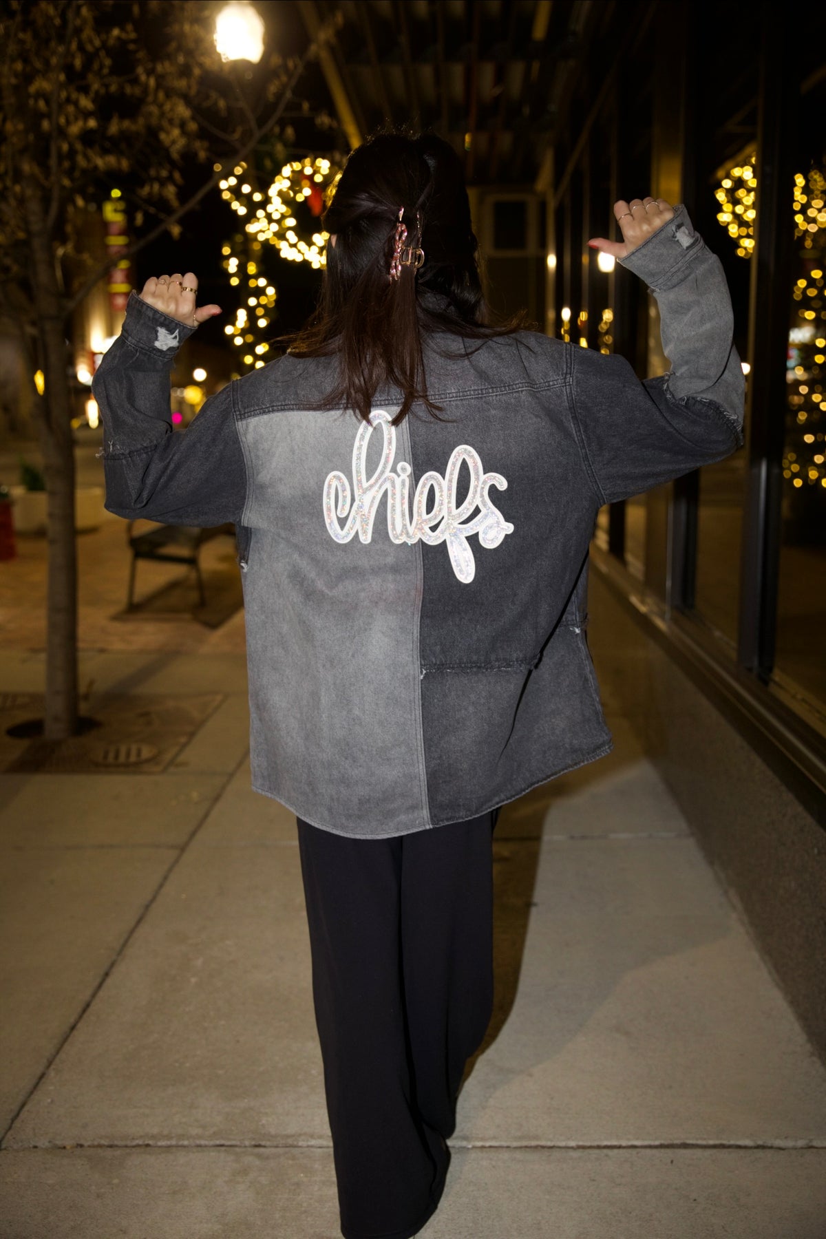 Distressed KC Jacket White Script Patch GameDay | Queen Bee Boutique