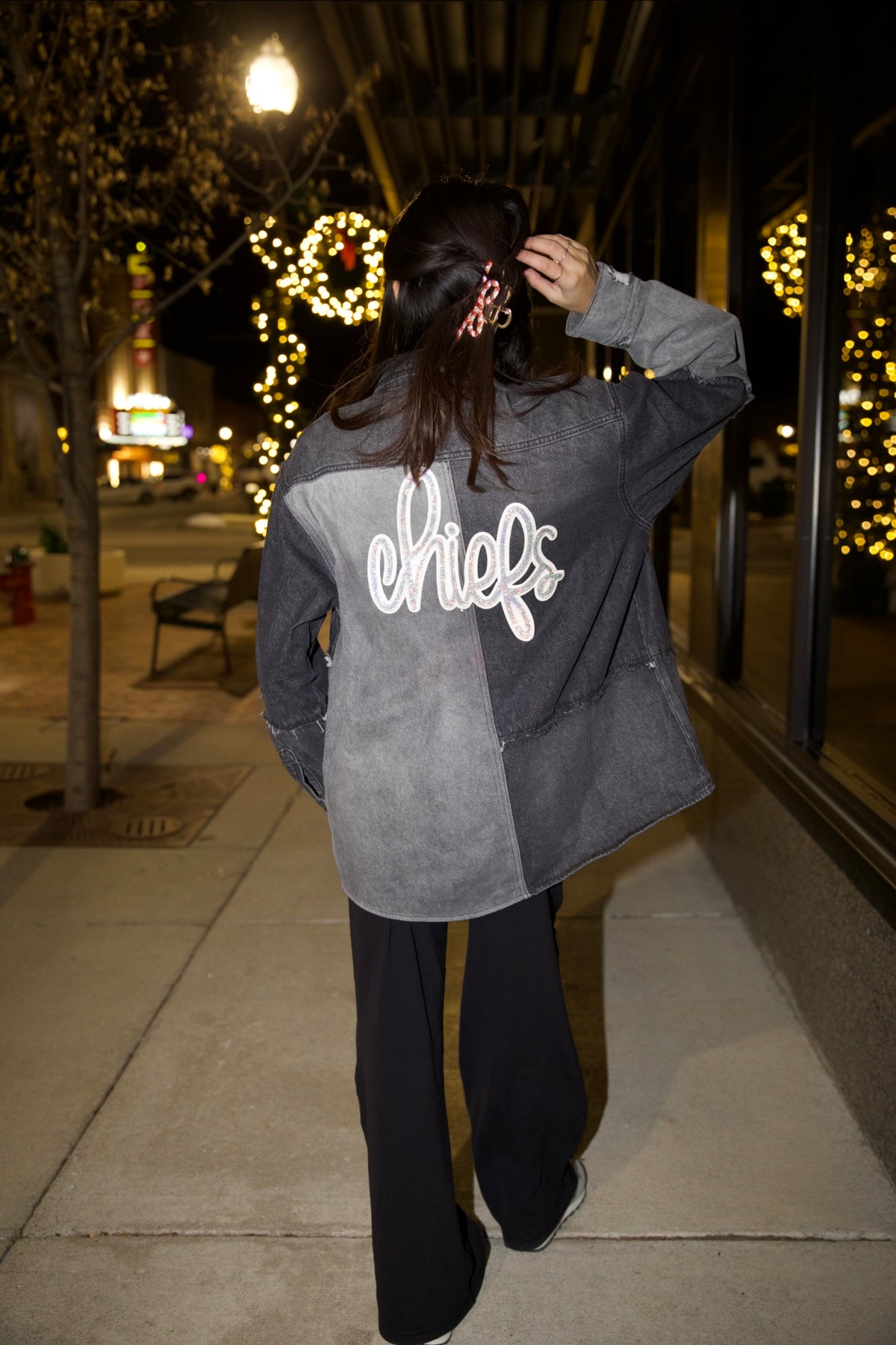 Distressed KC Jacket White Script Patch GameDay | Queen Bee Boutique