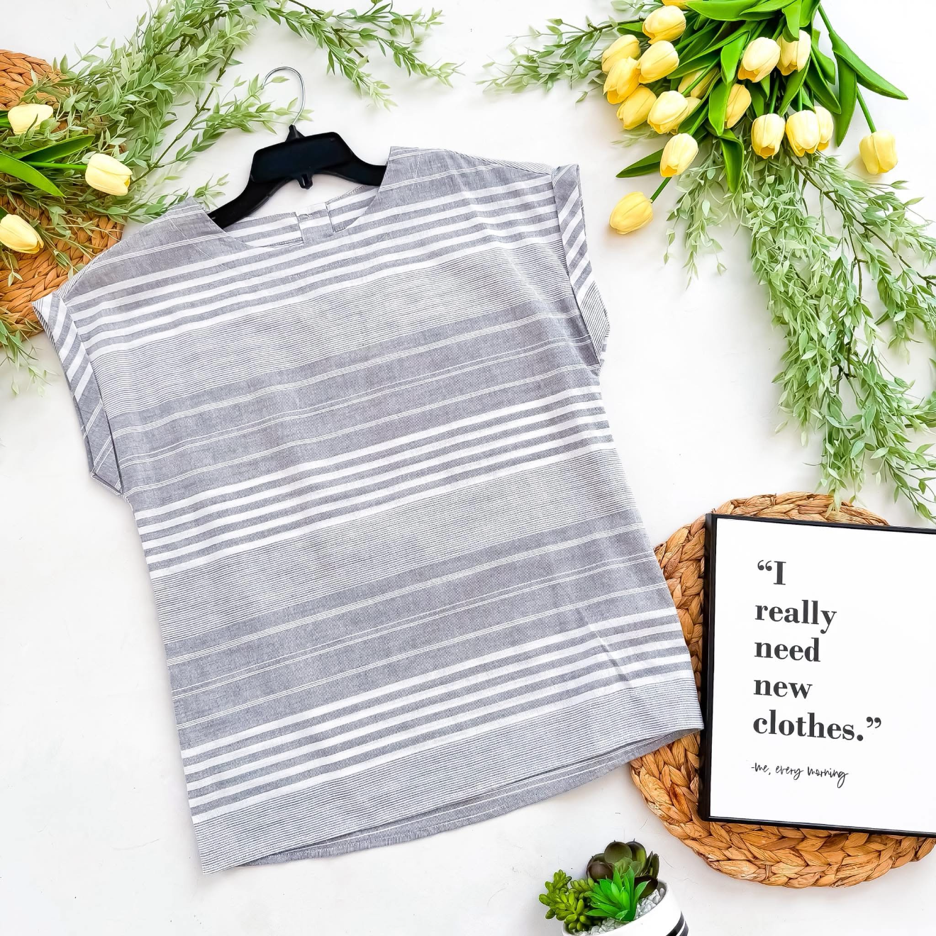 Grey White Striped Linen Top - Queen Bee Boutique