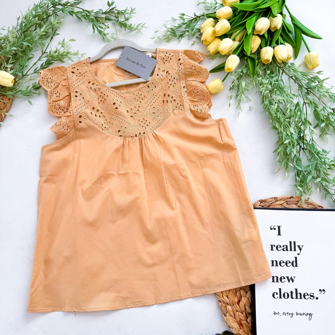 Eyelet Accent Apricot Tank Blouse Western Boho | Queen Bee Boutique