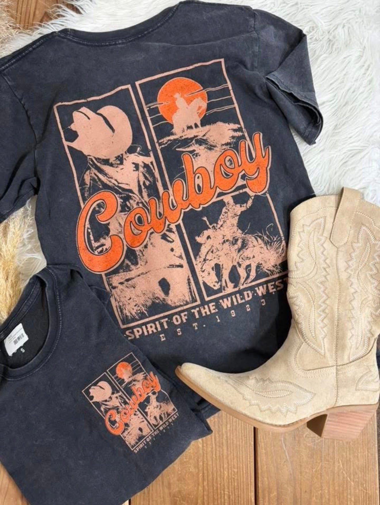 Cowboy Tee Mineral Washed Black Orange | Queen Bee Boutique