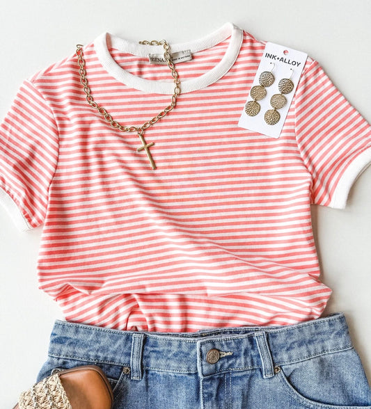 Juniors Striped Top Coral White | Queen Bee Boutique