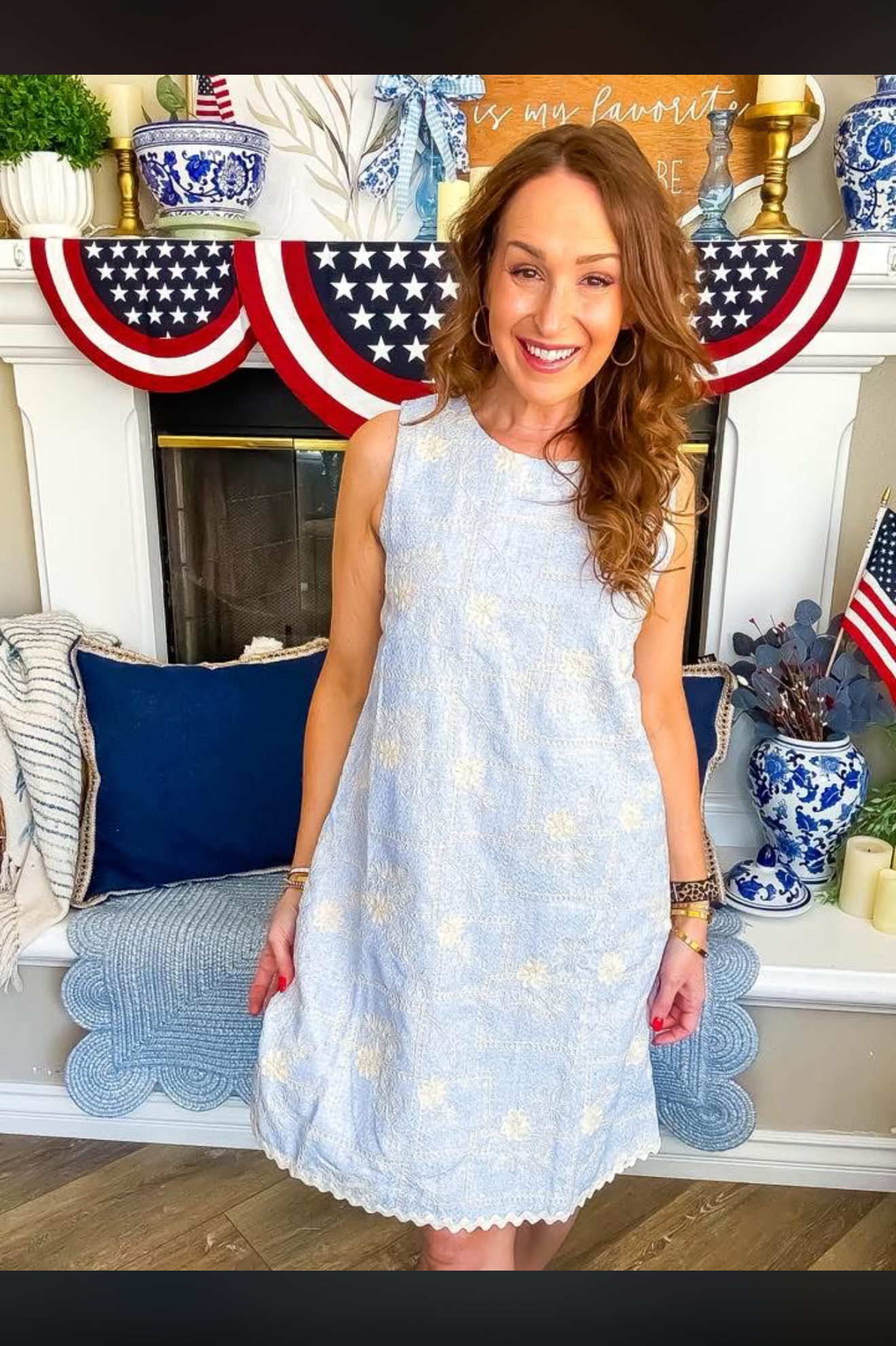 Sleeveless Light Blue Tweed Dress with Scalloped Ric Rac Hem | Queen Bee Boutique