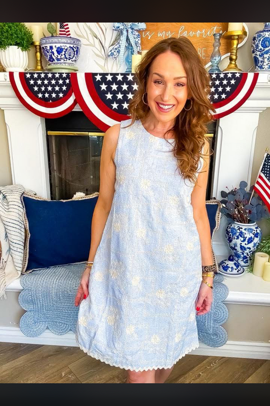 Sleeveless Light Blue Tweed Dress with Scalloped Ric Rac Hem | Queen Bee Boutique