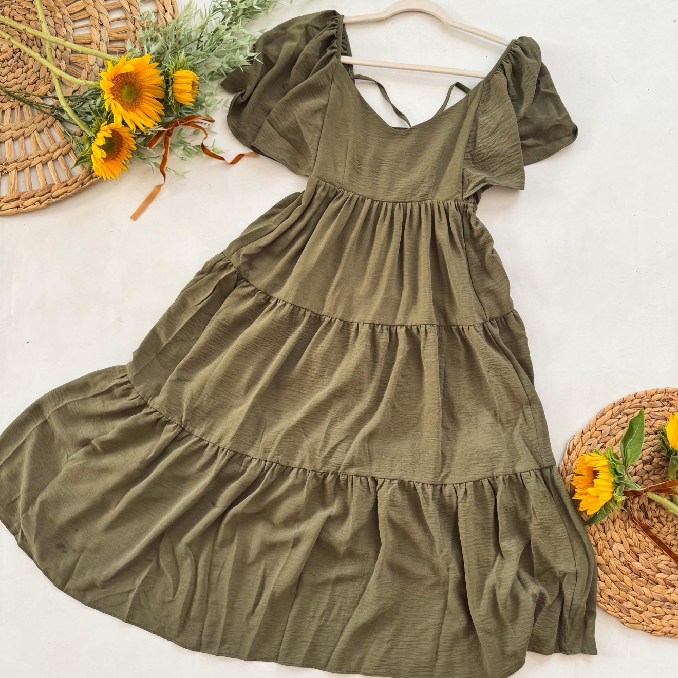 Olive Fall Tiered Midi Dress Flutter Sleeve | Queen Bee Boutique