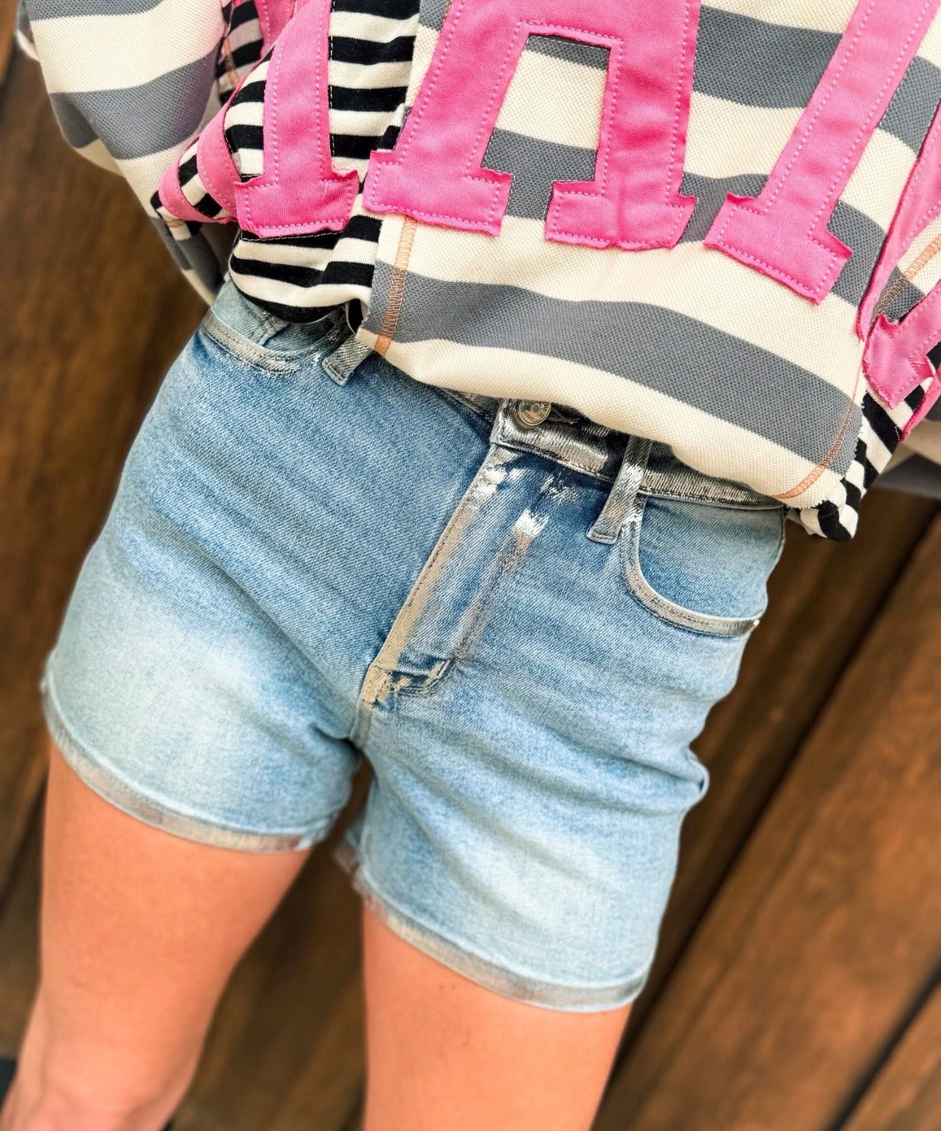 Judy Blue Silver Lining Metallic Accent Shorts | Queen Bee Boutique