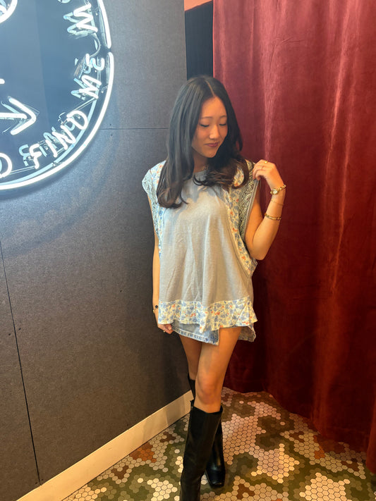 Summer Solstice Top - Blue-Grey Floral with Crochet Detail | Queen Bee Boutique