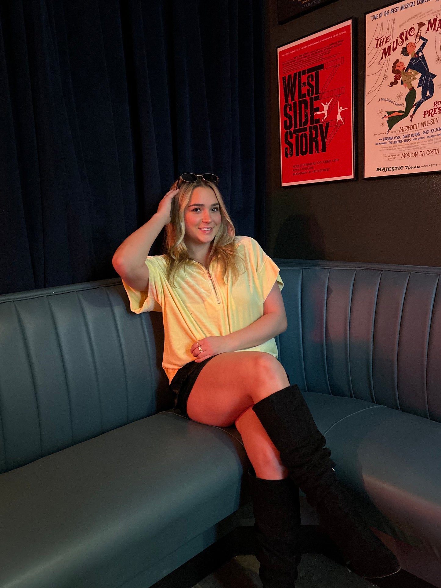 Bright Sunny Days Yellow Velour V-Neck Top- Oversized Zipper Pullover