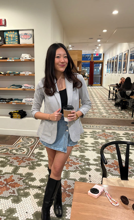 Shirred Sleeve Textured Blazer | Grey Ribbed Knit Blazer | QB Boutique