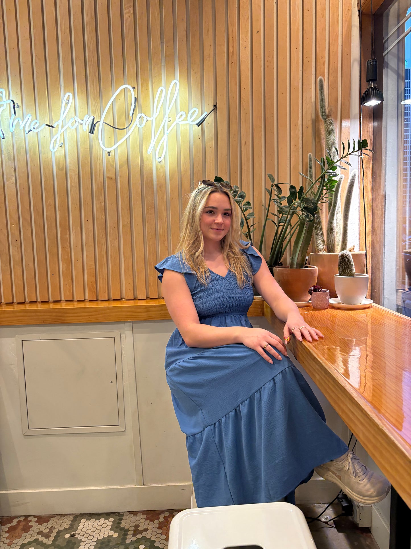 Flutter Sleeve V-Neck Smocked Midi Dress in Dusty Blue - Boho Tiered Skirt